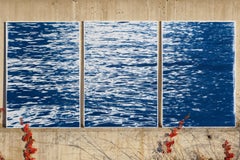 Moonlight Ripples over Lake Como, Nautical Cyanotype Triptych of Moving Water