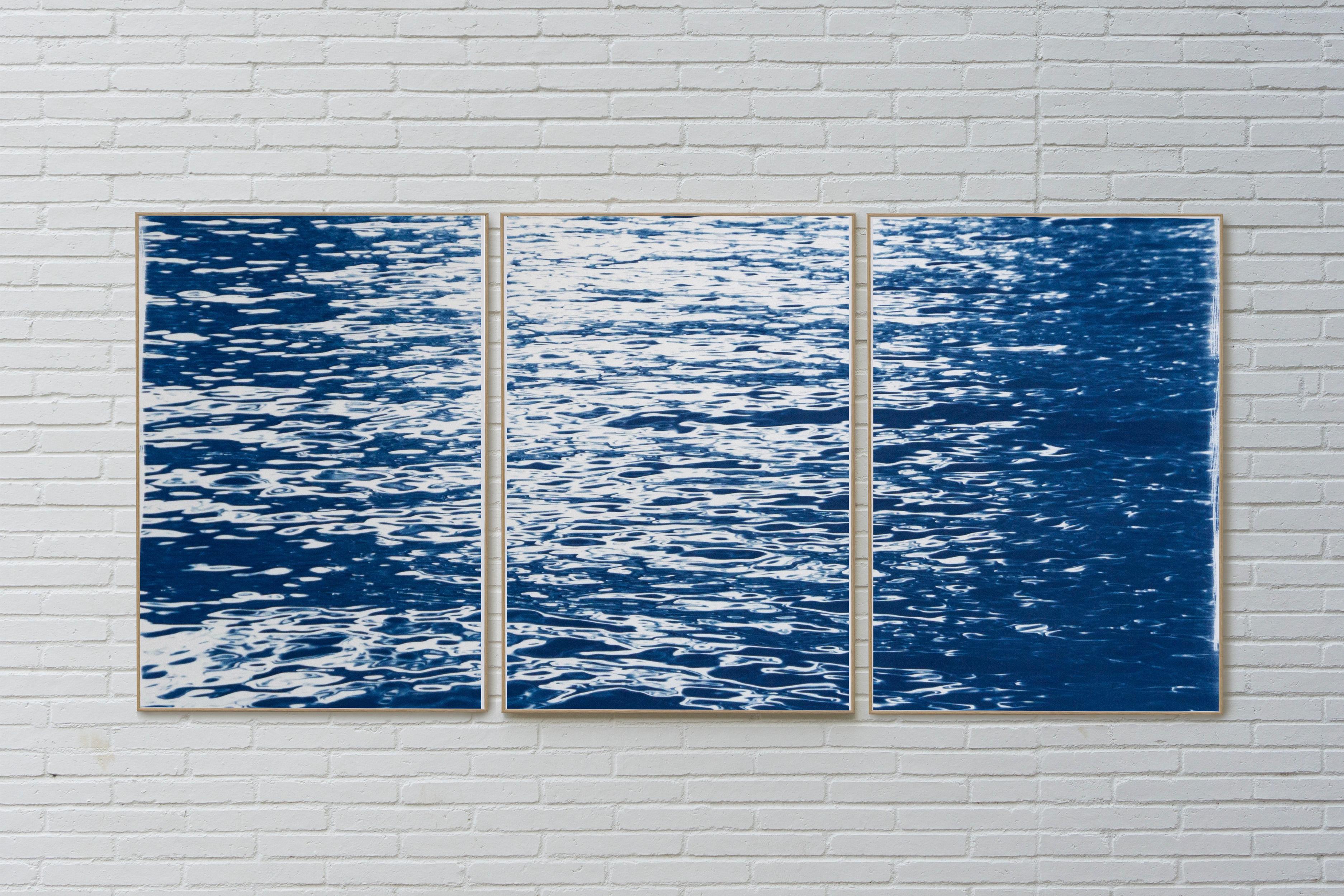 Moonlight Ripples over Lake Como, Nautical Cyanotype Triptych of Moving Water - Minimalist Print by Kind of Cyan