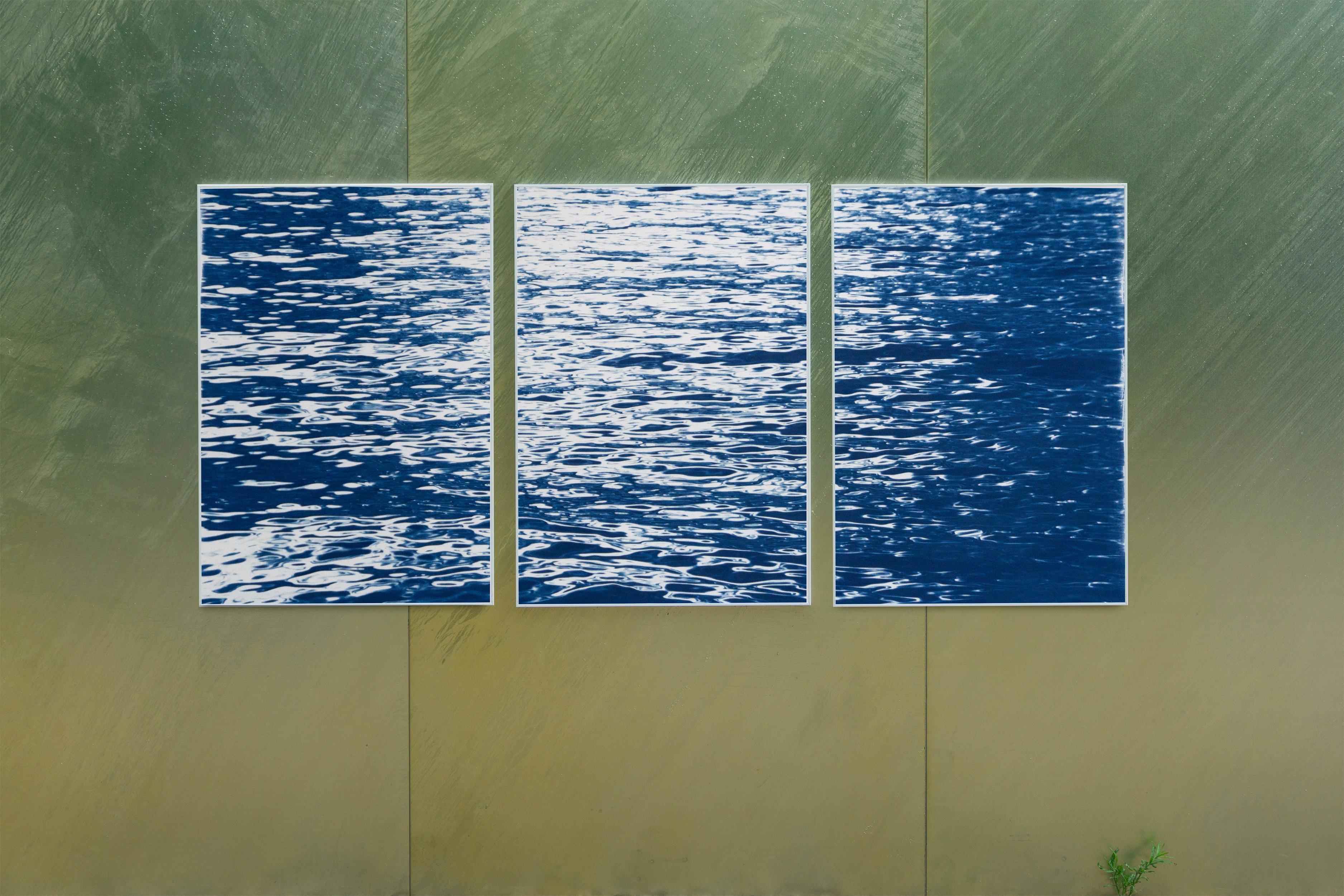 Moonlight Ripples over Lake Como, Nautical Cyanotype Triptych of Moving Water 1