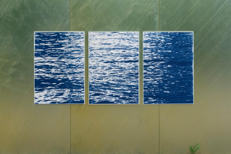 Moonlight Ripples over Lake Como, Nautical Cyanotype Triptych of Moving Water For Sale 3
