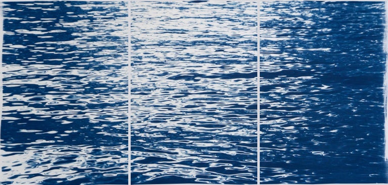 Kind of Cyan Abstract Print - Moonlight Ripples over Lake Como, Nautical Cyanotype Triptych of Moving Water