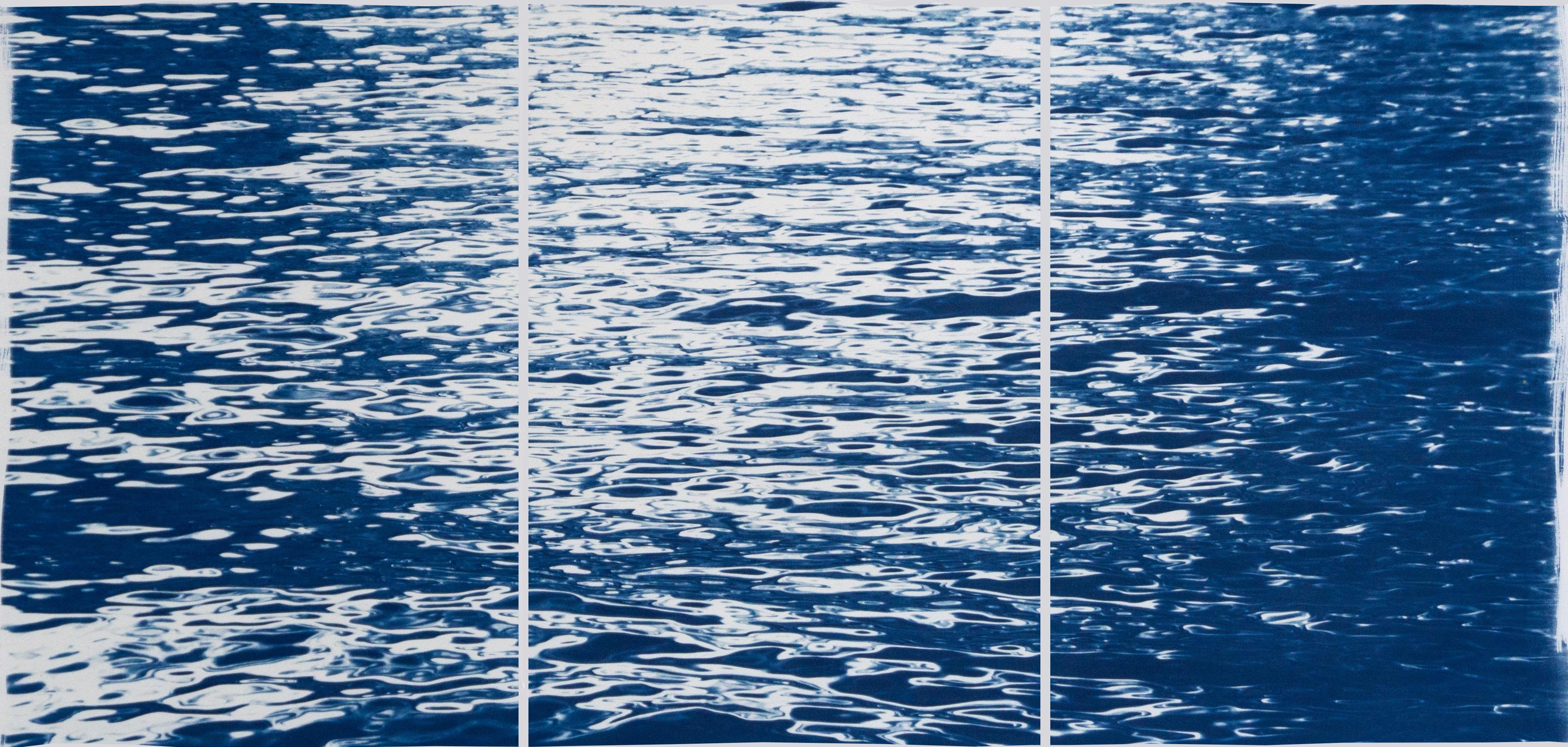 Moonlight Ripples over Lake Como, Nautical Cyanotype Triptych of Moving Water