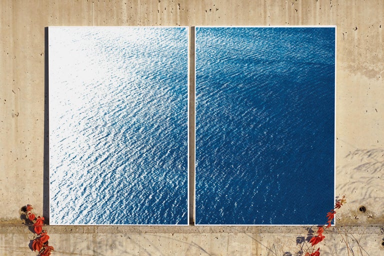Nautical Diptych of Smooth Bay in the Mediterranean, Zen Waters Cyanotype, Paper - Painting by Kind of Cyan