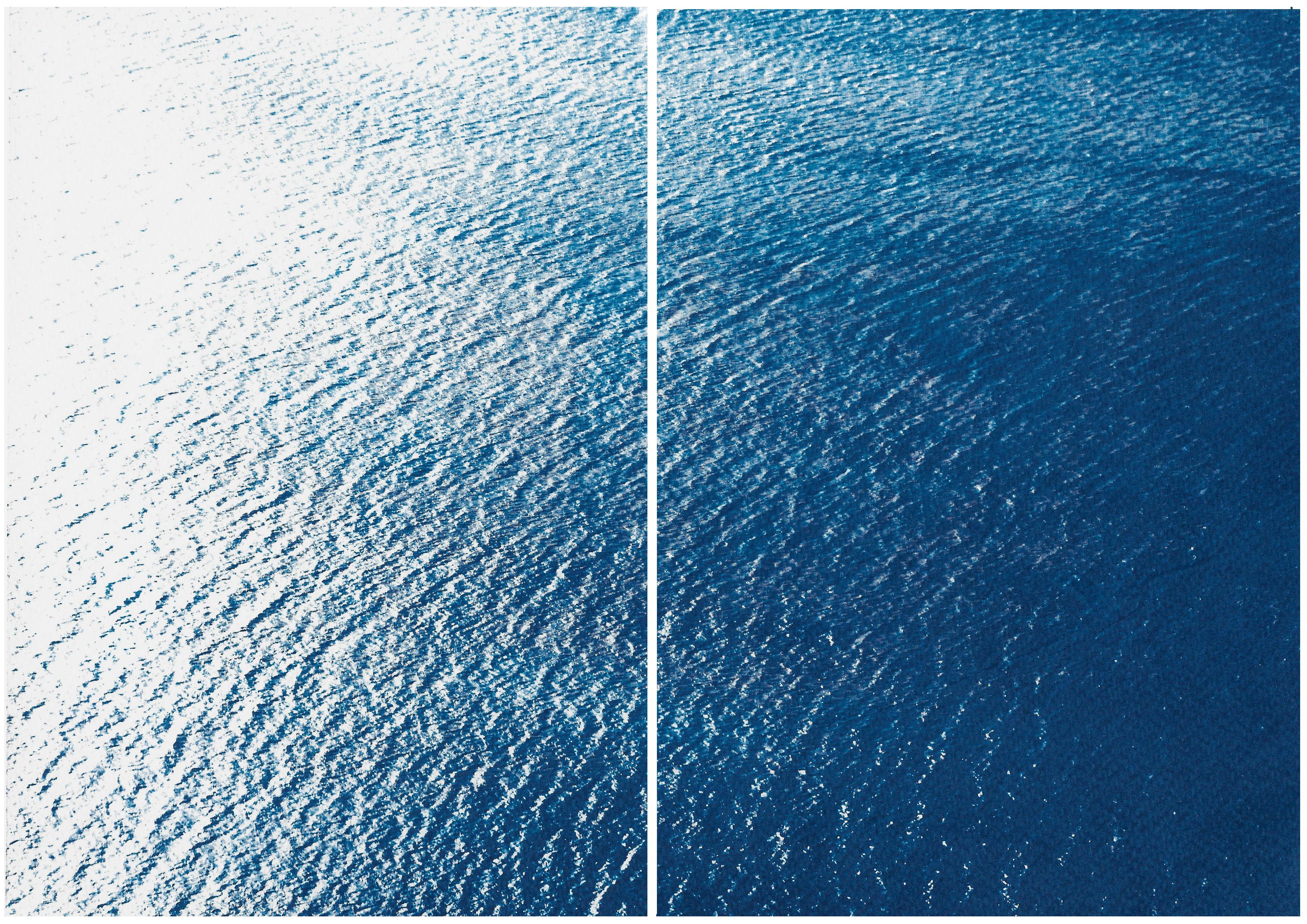 Kind of Cyan Landscape Painting - Nautical Diptych of Smooth Bay in the Mediterranean, Zen Waters Cyanotype, Paper