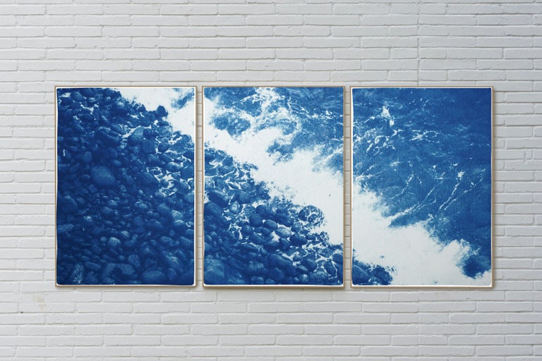 Nautical Triptych of British Pebble Beach, Handmade Cyanotype, Watercolor Paper - Photograph by Kind of Cyan