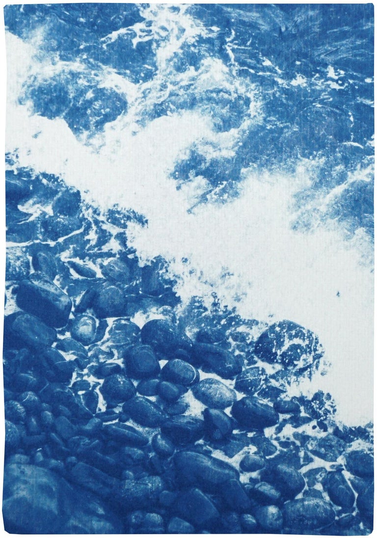 Nautical Triptych of British Pebble Beach, Handmade Cyanotype, Watercolor Paper - Blue Landscape Photograph by Kind of Cyan