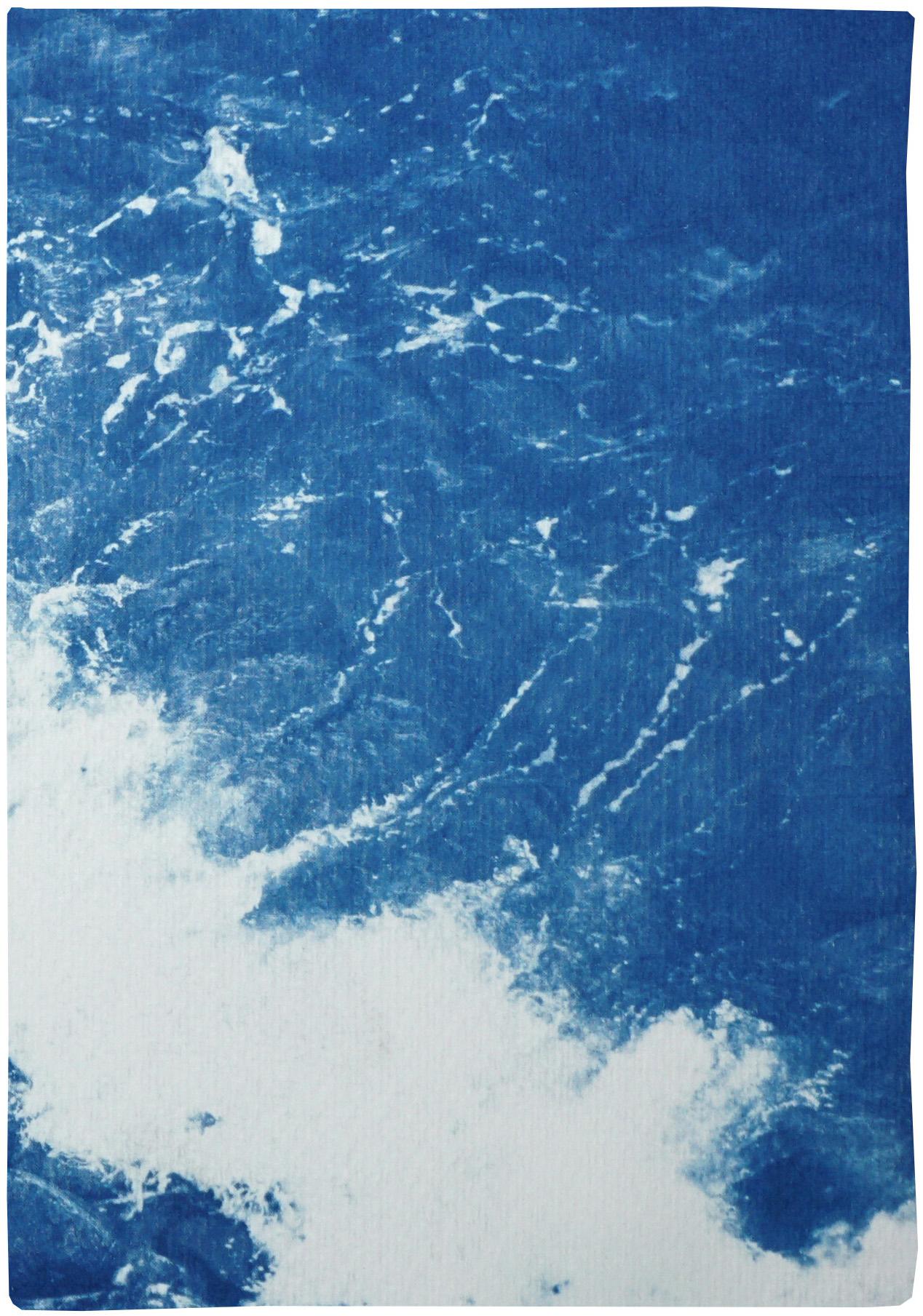 Nautisches Triptychon Blauer britischer Kieselstein Strand Handgefertigte Cyanotype, Aquarellpapier im Angebot 1