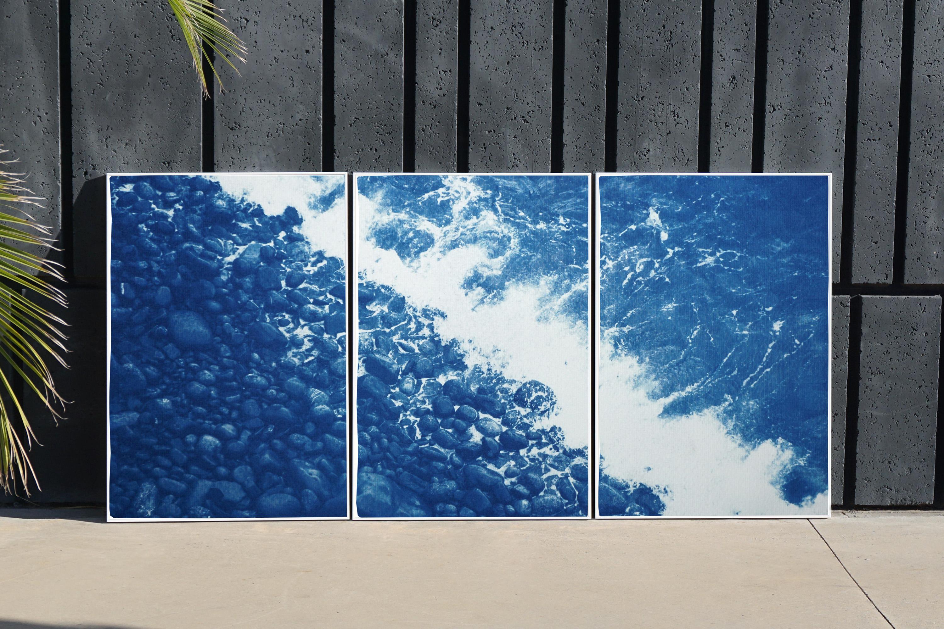 Nautical Triptych Blue British Pebble Beach Handmade Cyanotype, Watercolor Paper For Sale 3