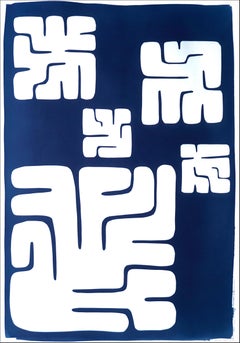Nazca Styles Unique Monotype on Paper in Deep Blue, Mayan Block Figures, 2021 