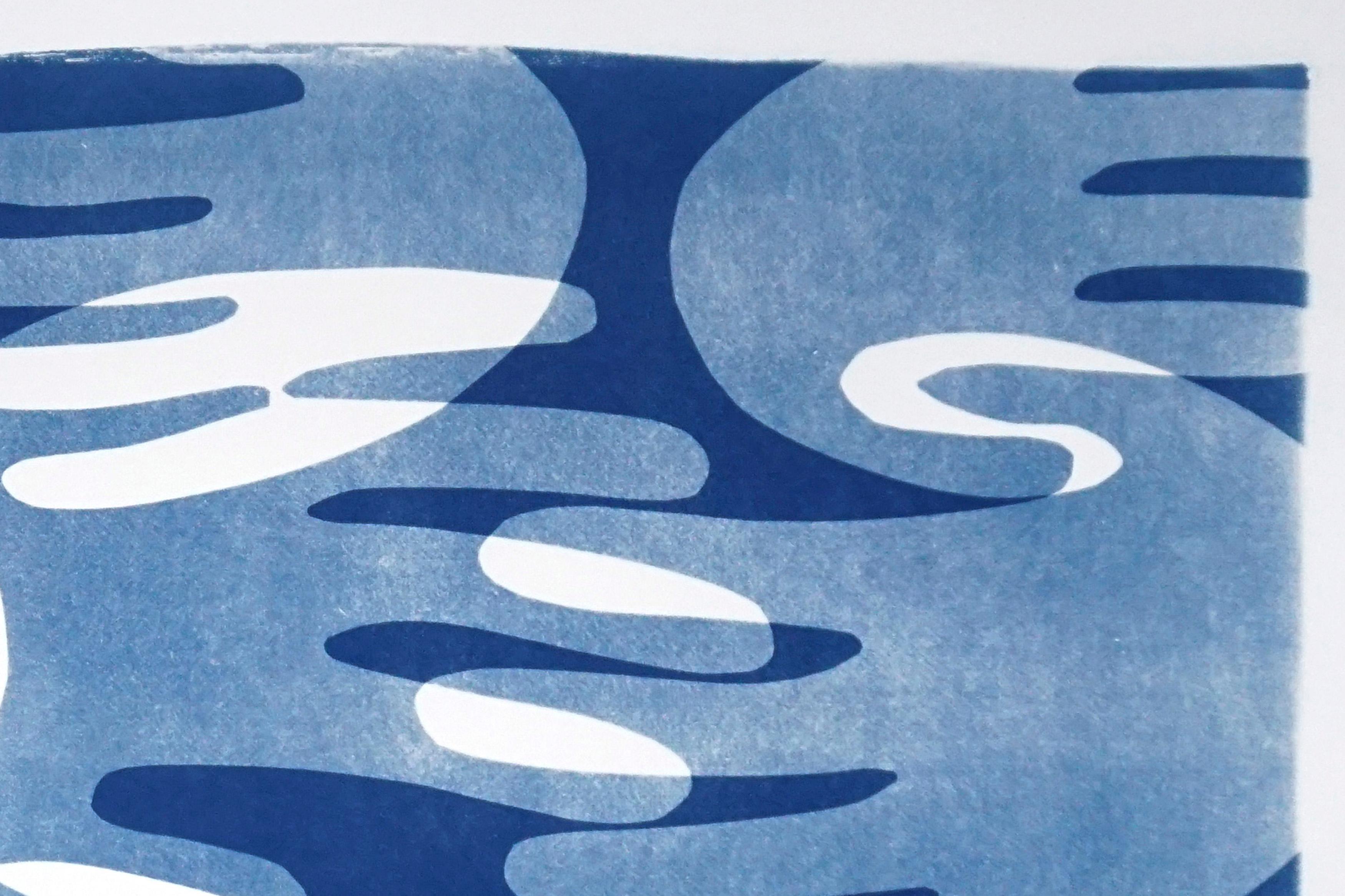 This is an exclusive handprinted unique cyanotype that takes its inspiration from the mid-century modern shapes. 
It's made by layering paper cutouts and different exposures using uv-light. 

Details:
+ Title: Reflections of Hands
+ Year: 2020
+