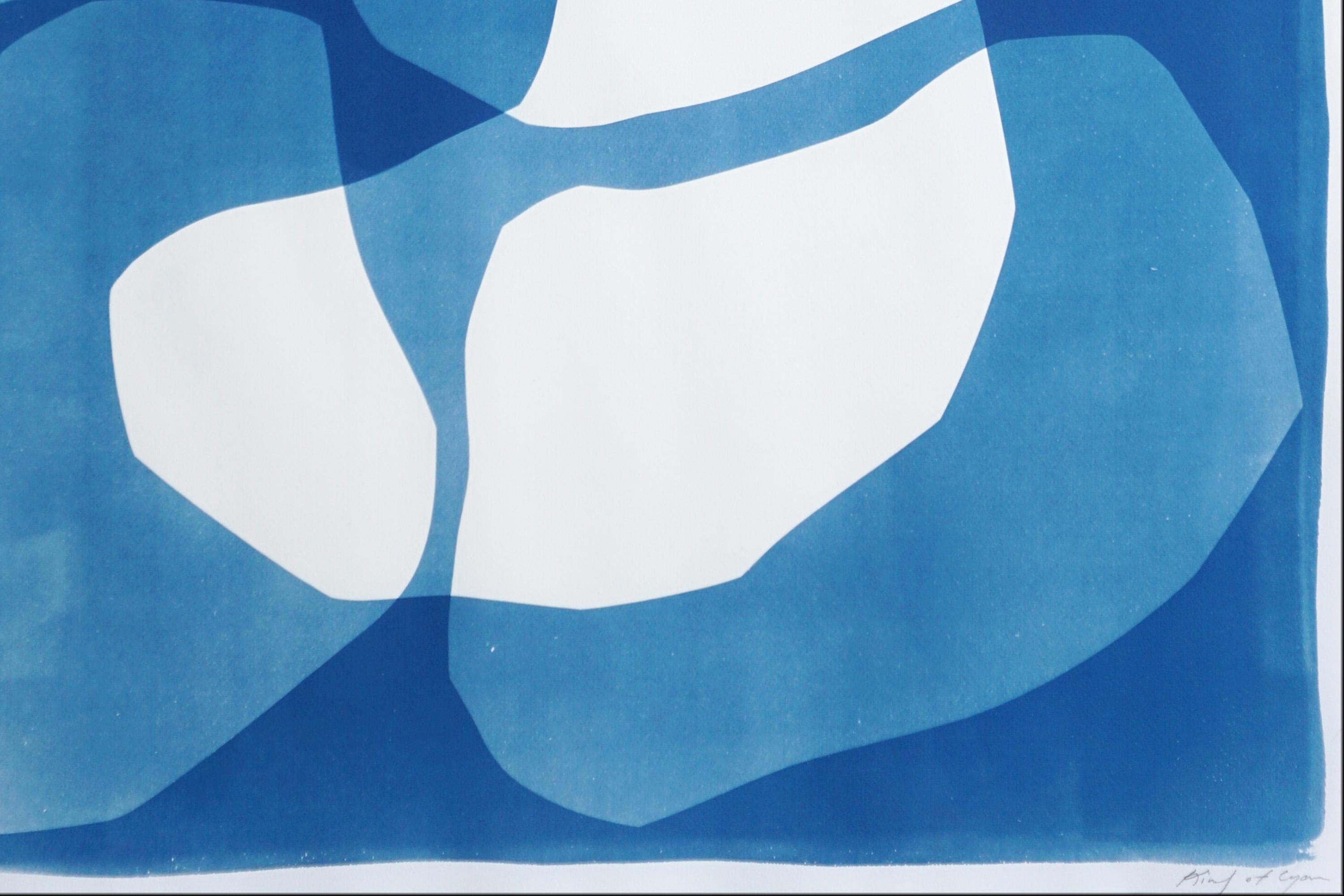Masses en orbite, diptyque abstrait bleu et blanc, monotype cyanotype sur papier en vente 4