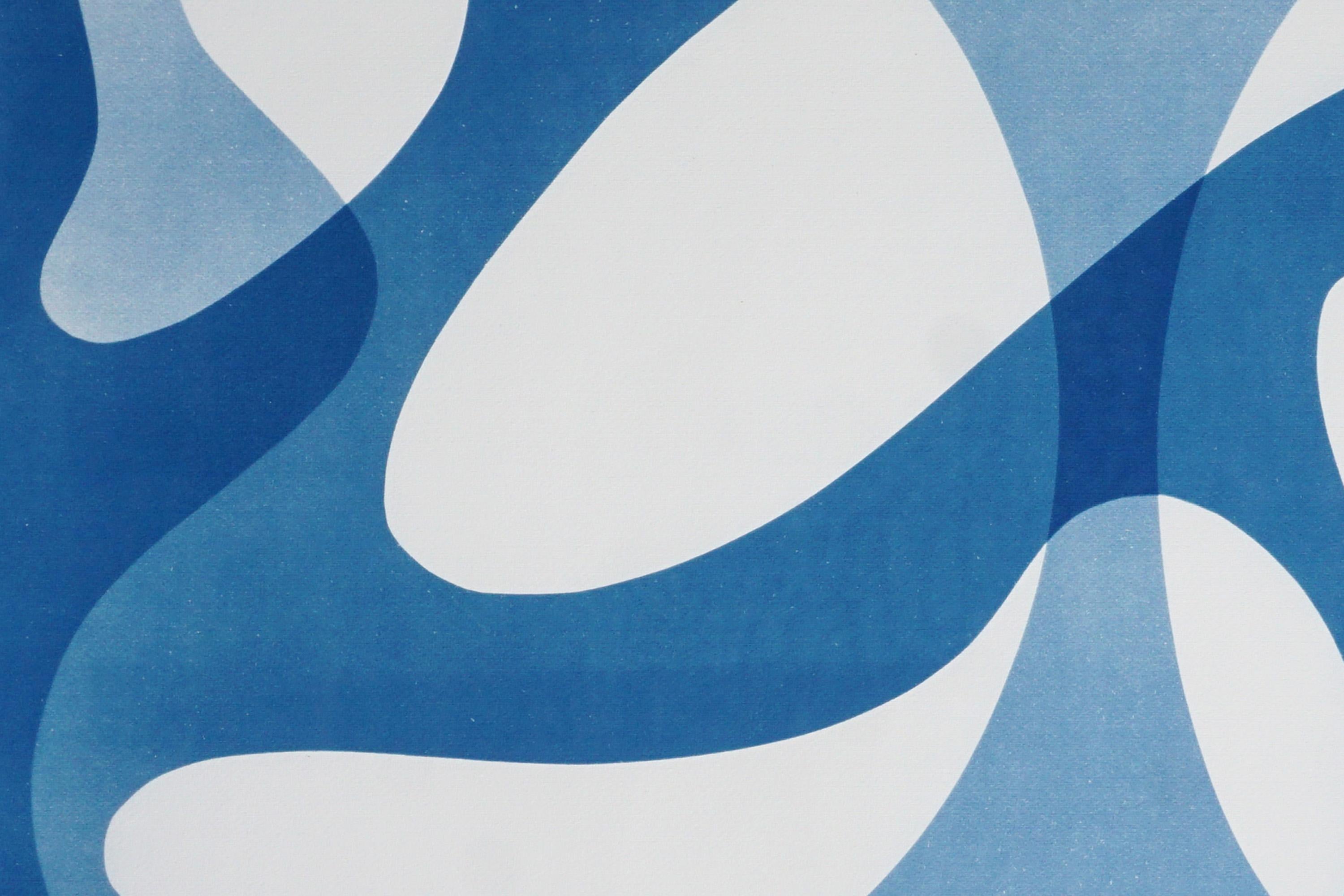 Formas orgánicas flotantes de mediados de siglo en tonos azules, monotipo cianotipia sobre papel en venta 1