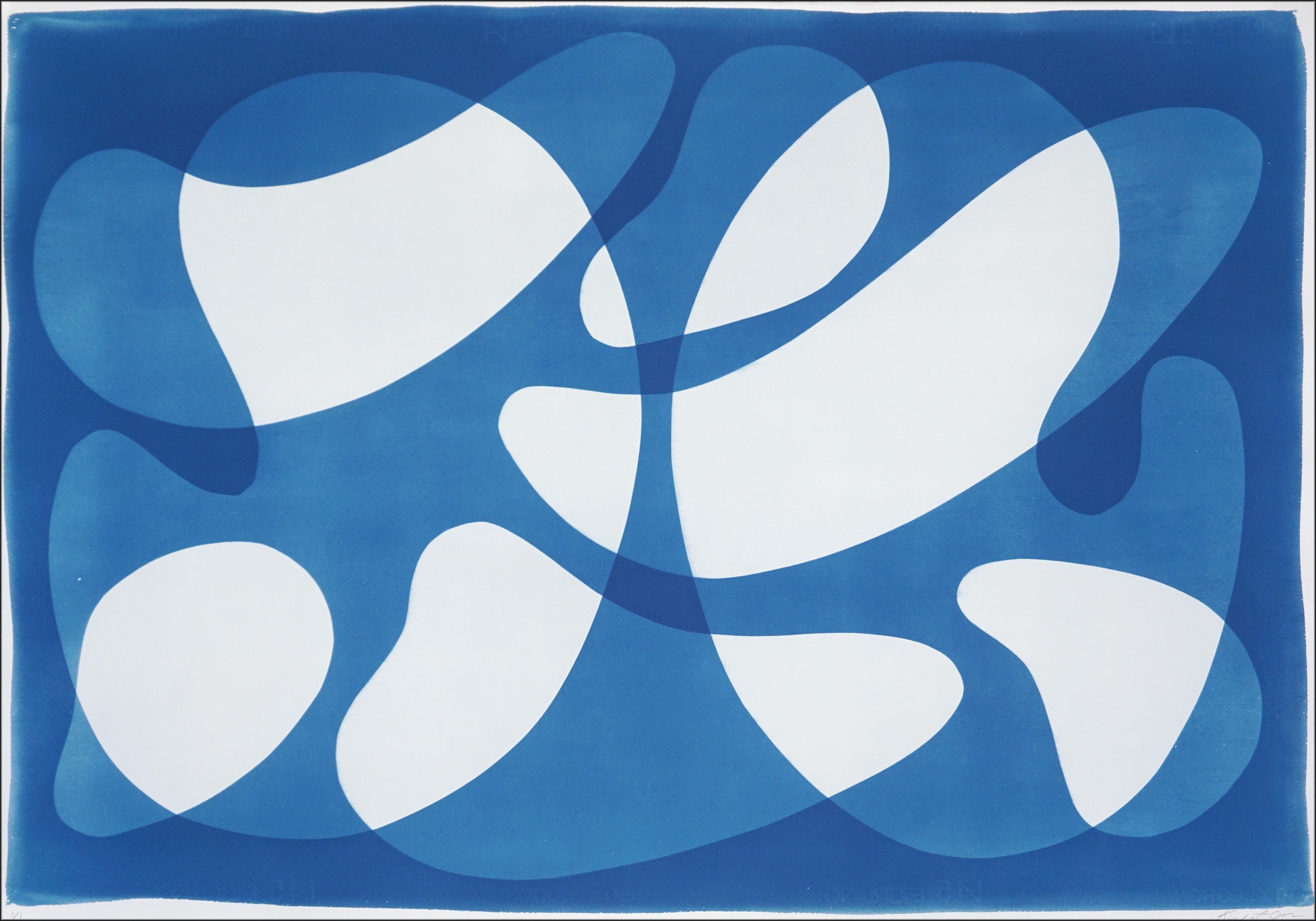 Organic Mid-Century Floating Shapes in Blue Tones, Monotype Cyanotype on Paper