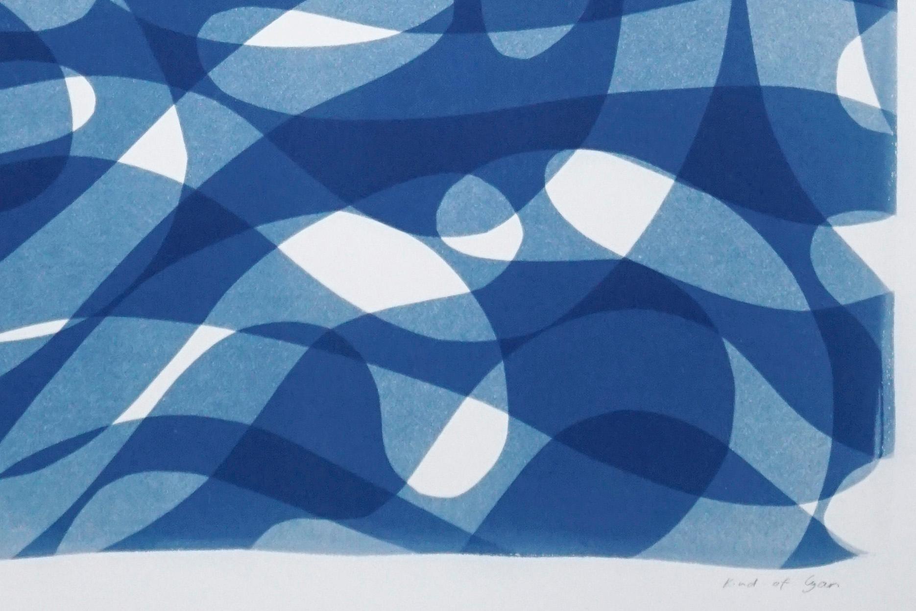 Original Print of Layered Looping Lines, White and Blue Monotype, Organic Shapes For Sale 2