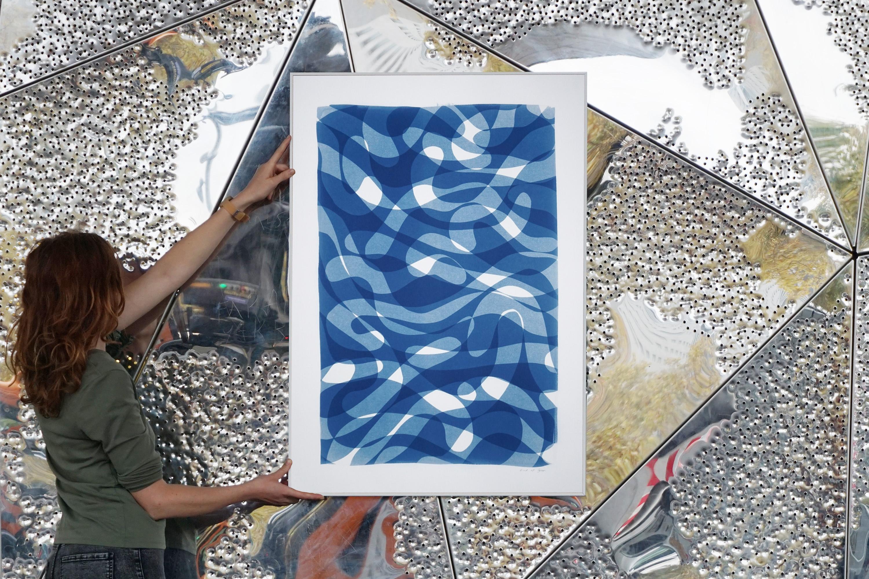 Impression originale de lignes Looping superposées, monotype blanc et bleu, formes organiques en vente 1