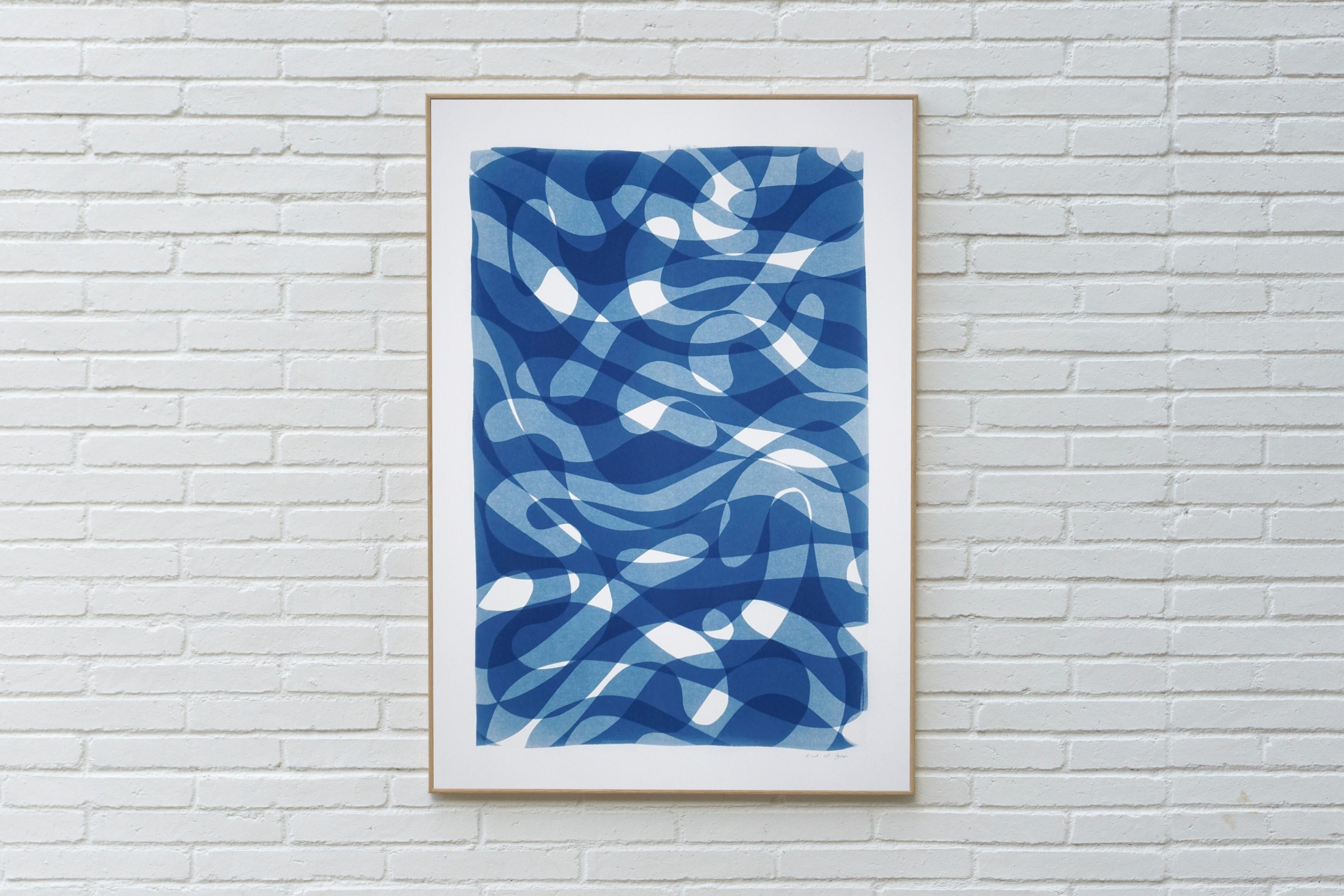 Impression originale de lignes Looping superposées, monotype blanc et bleu, formes organiques en vente 4