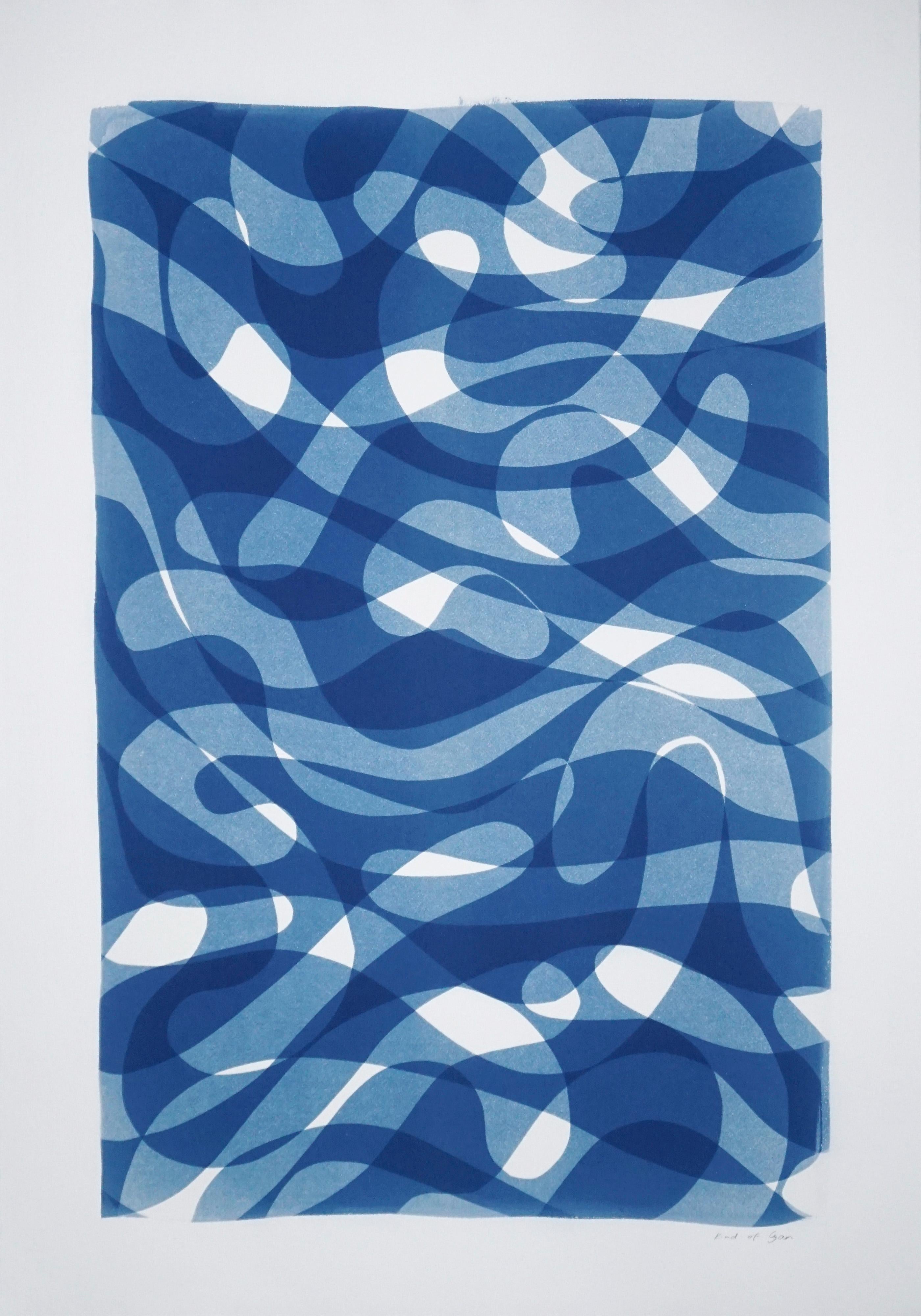 Original Print of Layered Looping Lines, White and Blue Monotype, Organic Shapes