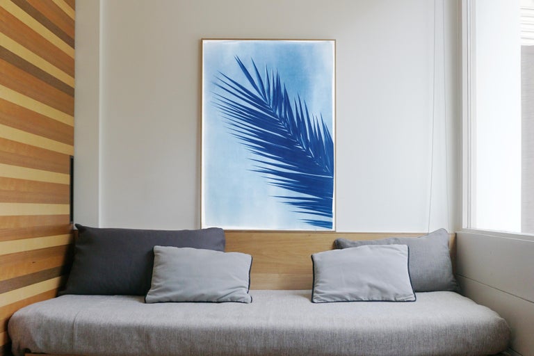 Palm Leaf Over Blue Sky, Handmade Botanical Cyanotype on Paper, Tropical Vintage - Naturalistic Art by Kind of Cyan