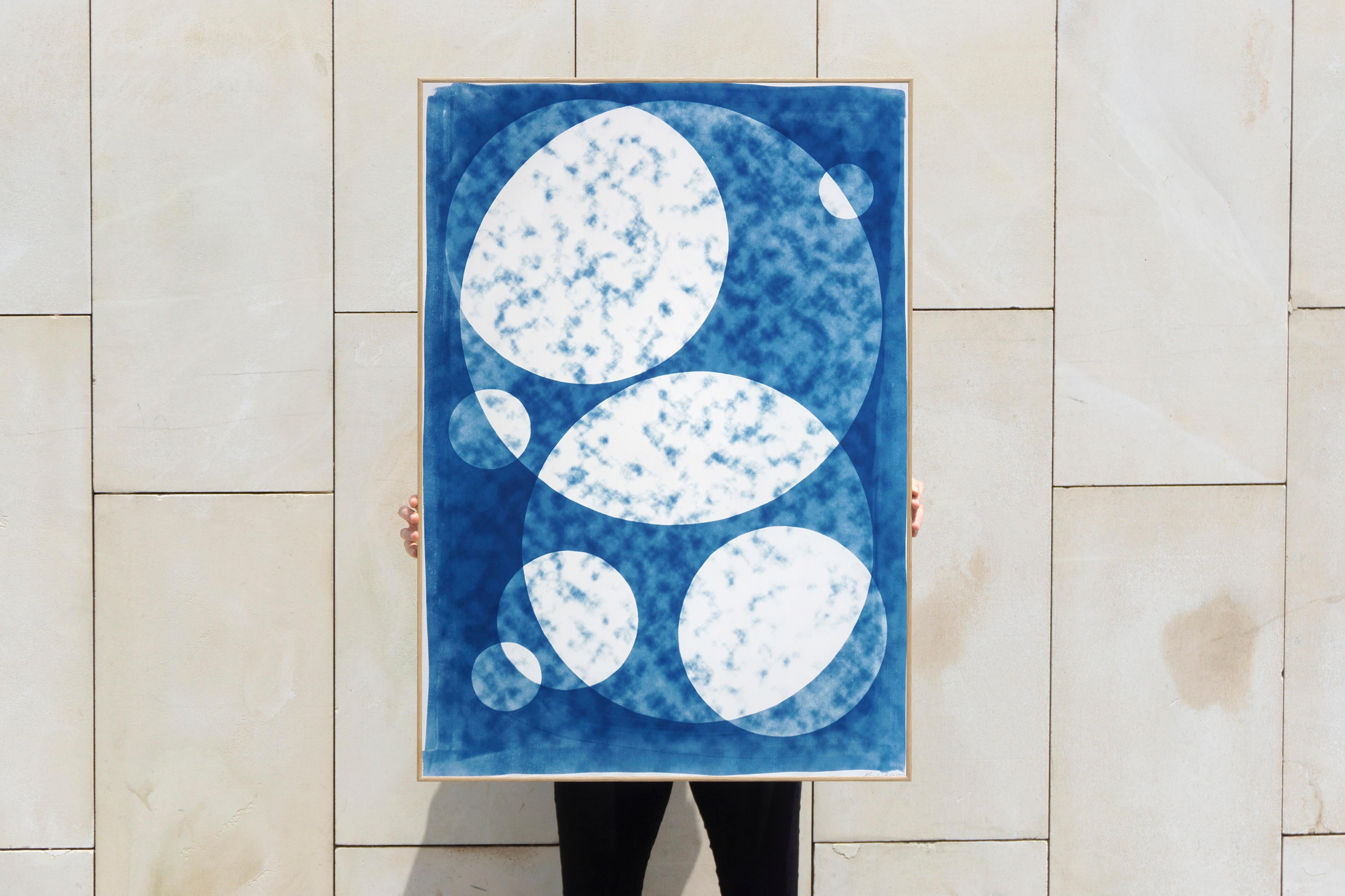 Perfect Circle Clouds, White and Blue, Handmade Unique Monotype Cyanotype, Paper - Photograph by Kind of Cyan