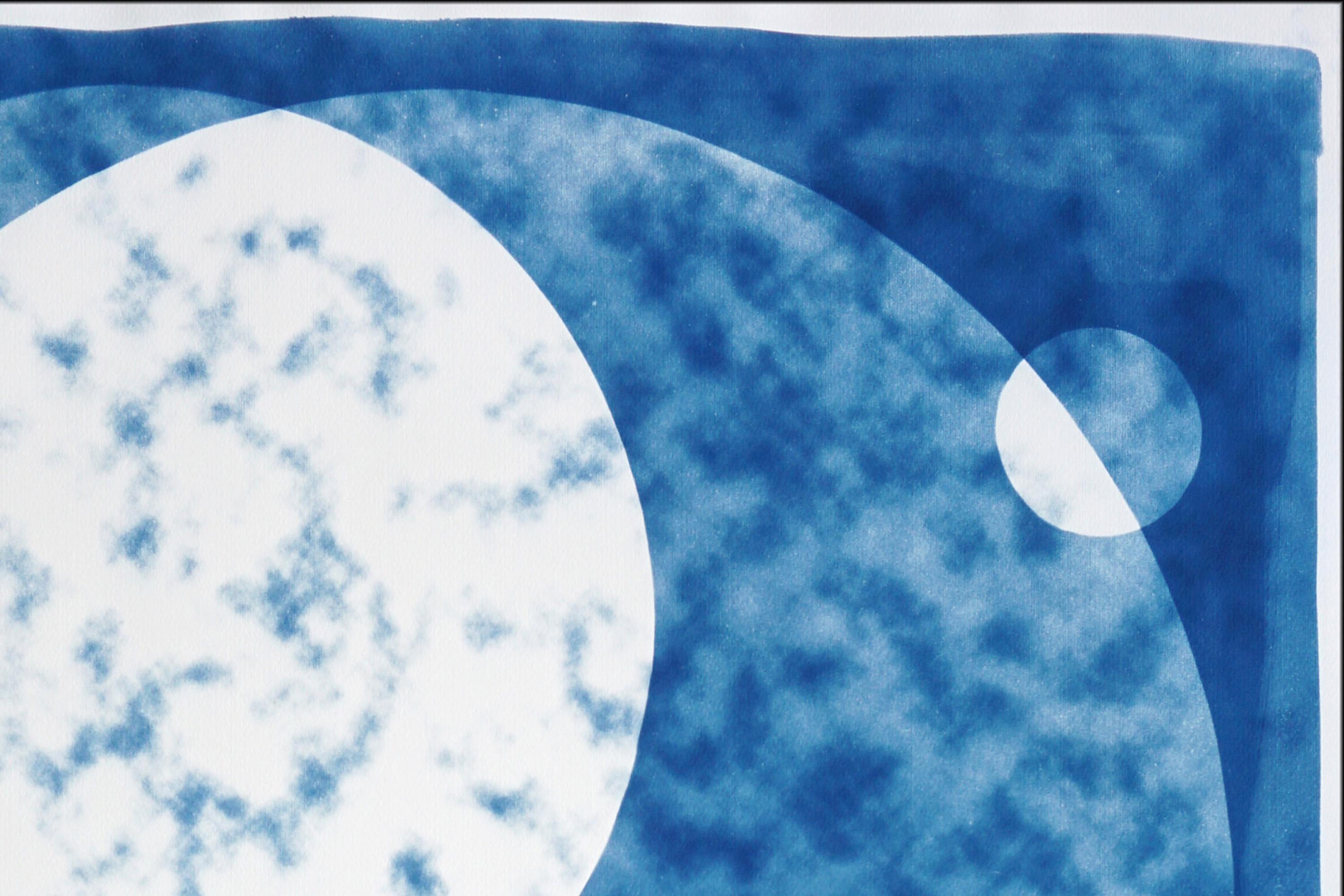 Perfect Circle Clouds, White and Blue, Handmade Unique Monotype Cyanotype, Paper For Sale 1