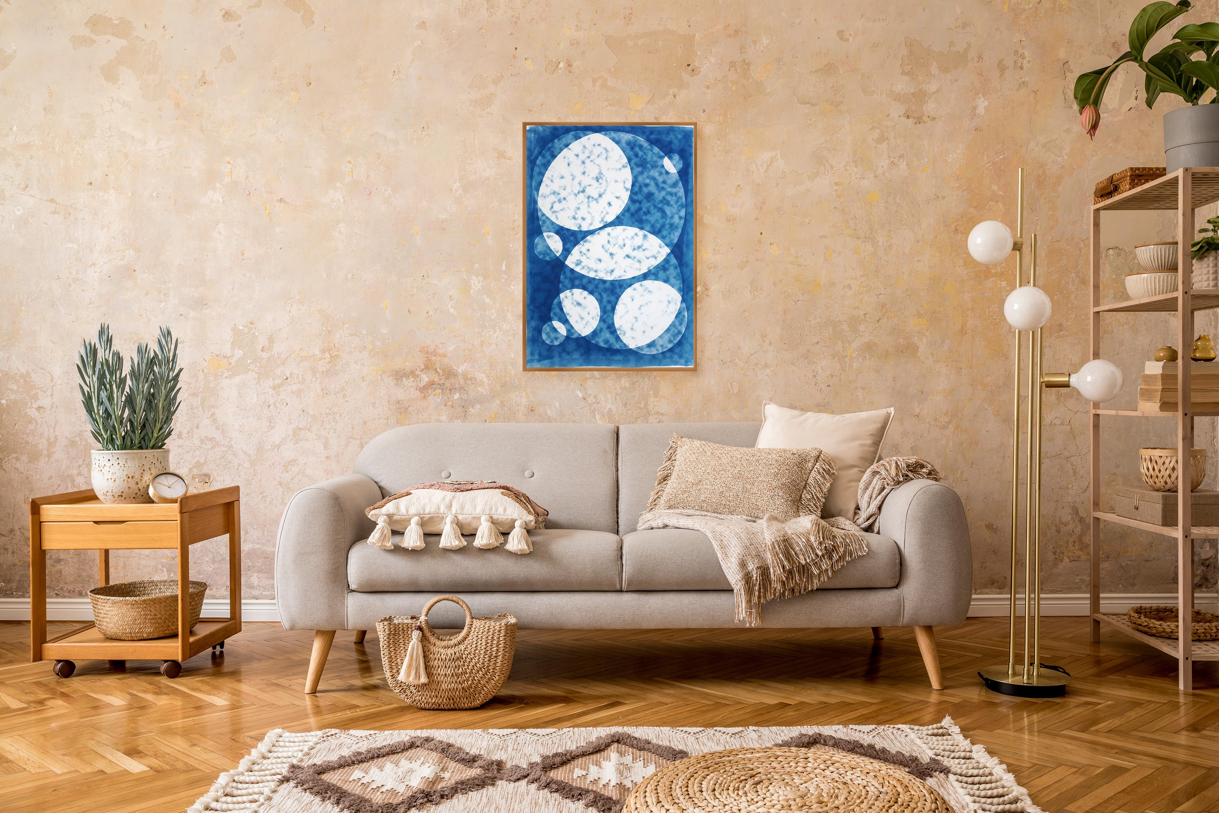 Perfect Circle Clouds, White and Blue, Handmade Unique Monotype Cyanotype, Paper For Sale 2