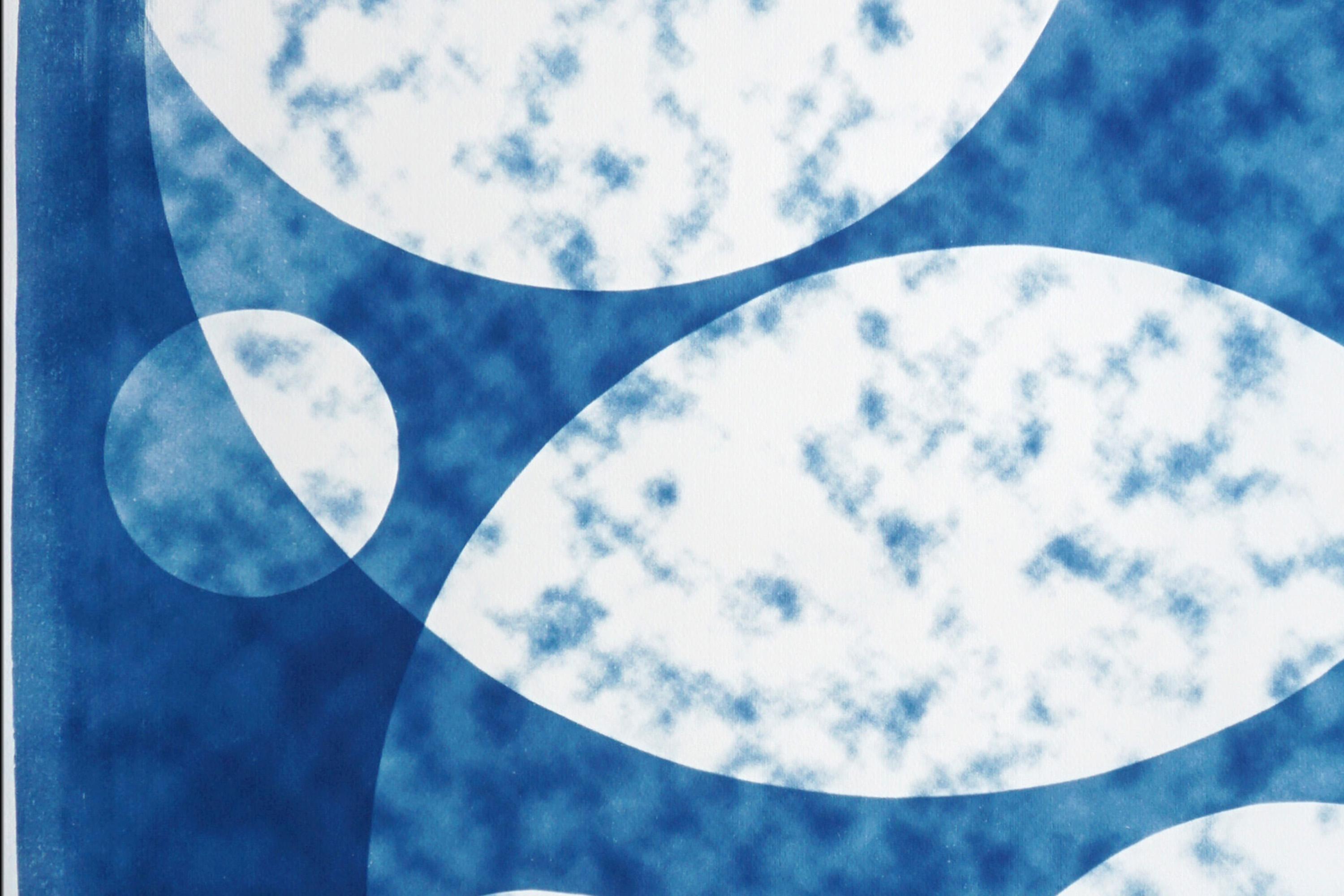 Perfect Circle Clouds, White and Blue, Handmade Unique Monotype Cyanotype, Paper For Sale 3