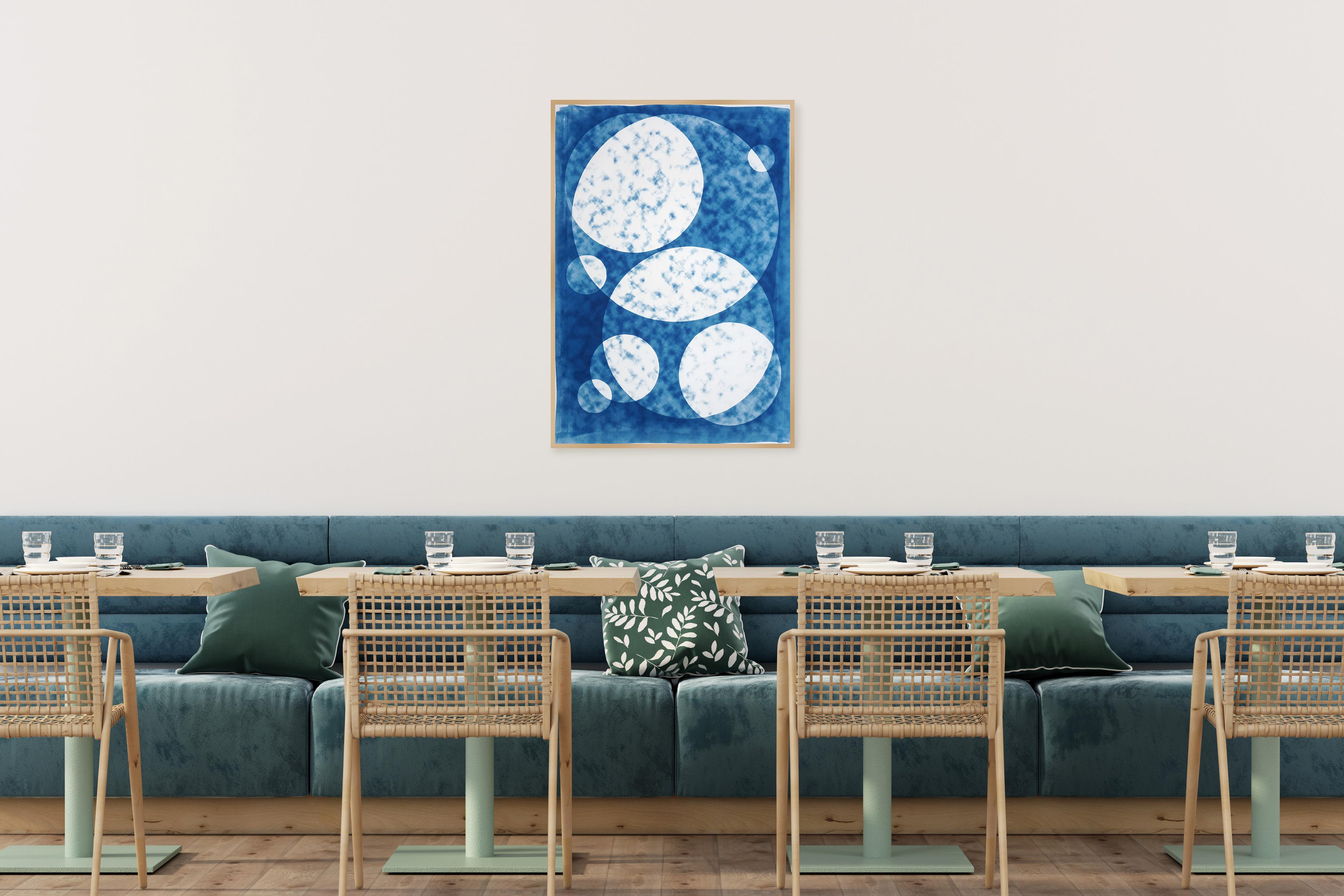 Perfect Circle Clouds, White and Blue, Handmade Unique Monotype Cyanotype, Paper For Sale 4