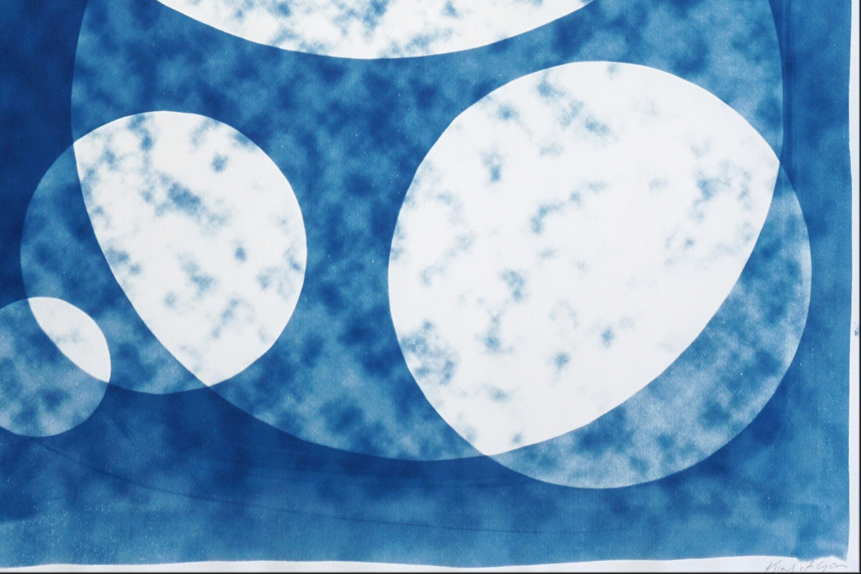 Perfect Circle Clouds, White and Blue, Handmade Unique Monotype Cyanotype, Paper For Sale 5
