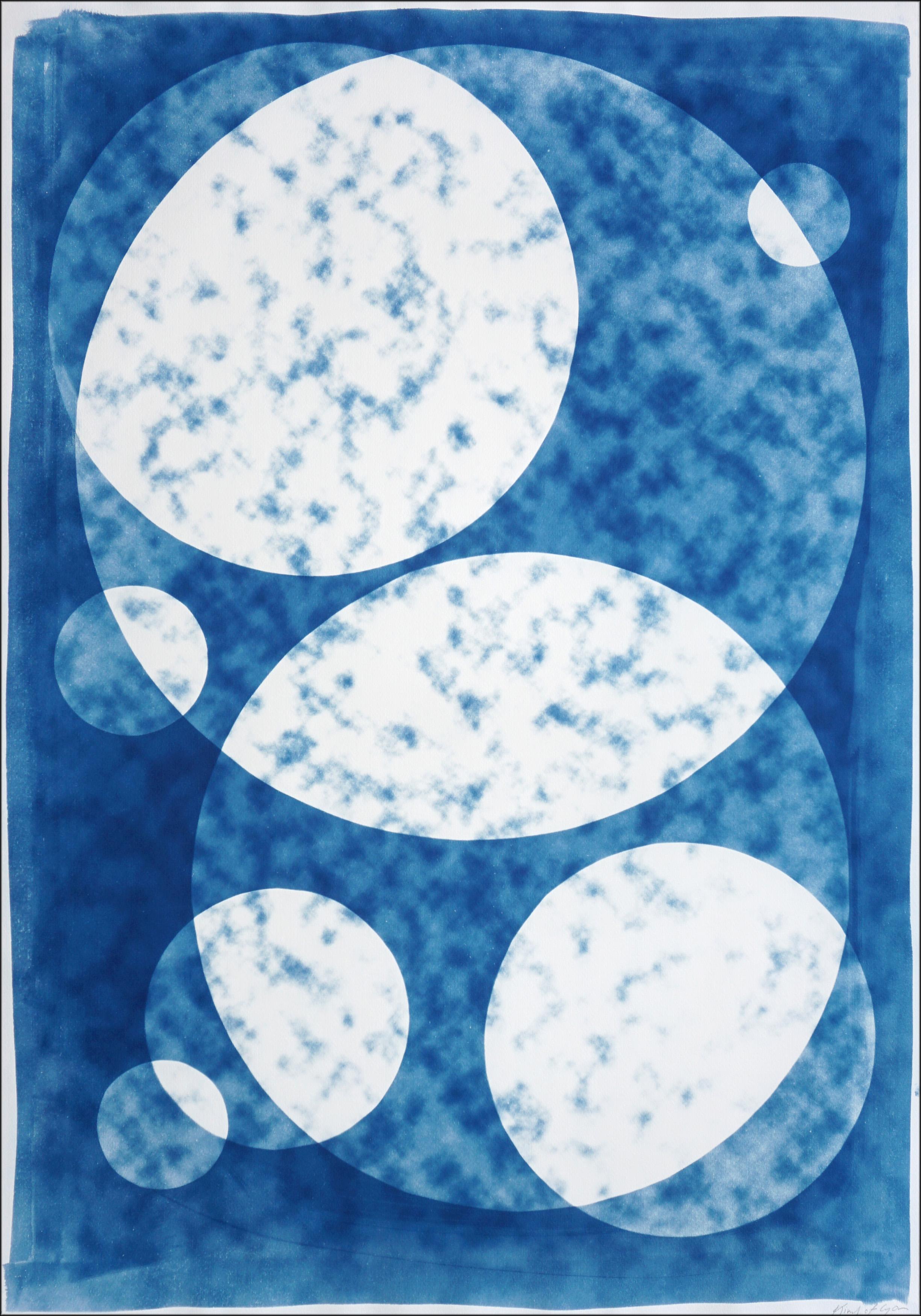 Kind of Cyan Abstract Photograph - Perfect Circle Clouds, White and Blue, Handmade Unique Monotype Cyanotype, Paper