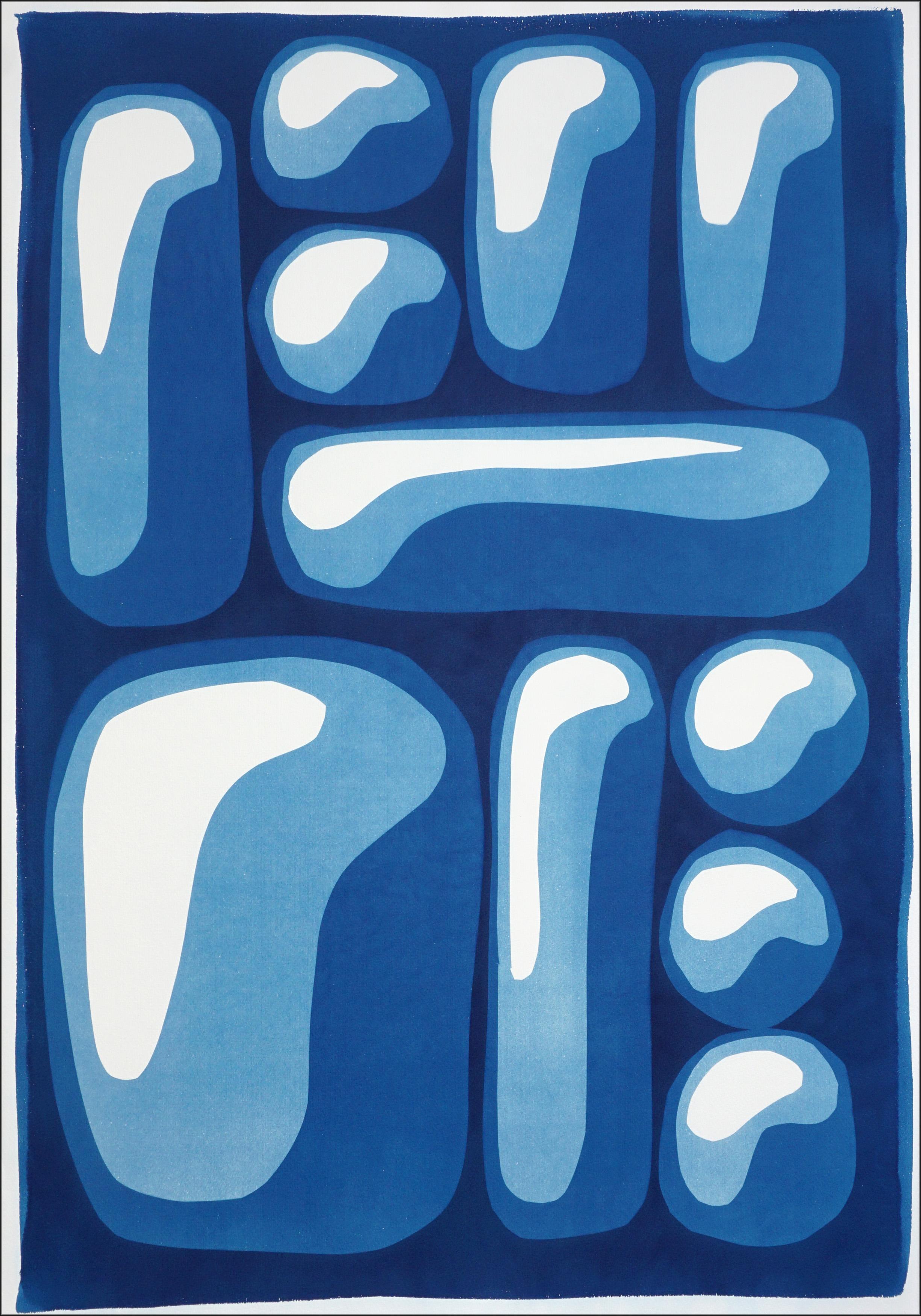 Piezas de un Conjunto, Cianotipo Monotipo Único Hecho a Mano, Abstracción Geométrica Azul