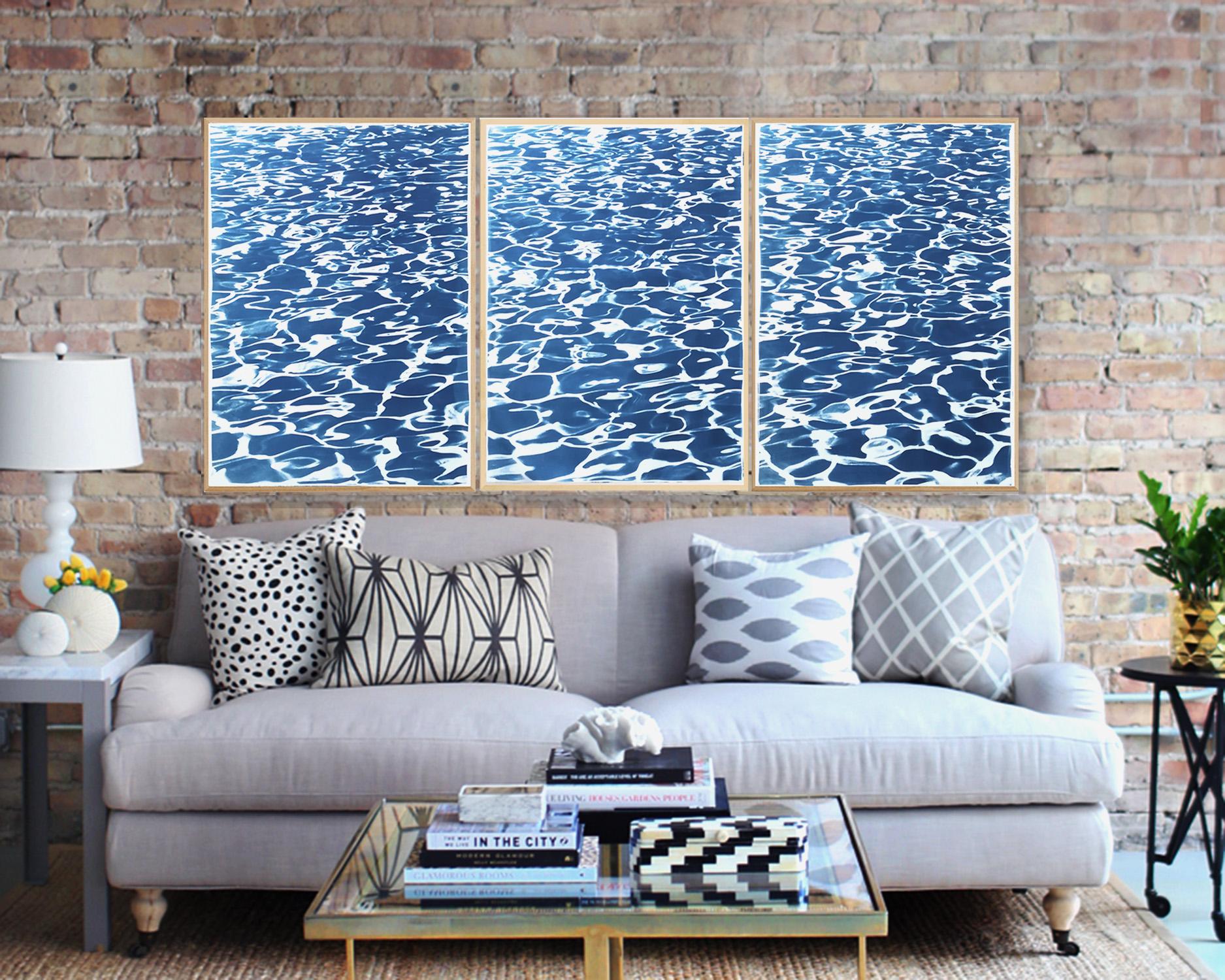 Pool Patterns, Nautical Abstract Seascape Triptych, Blue Cyanotype Print 1