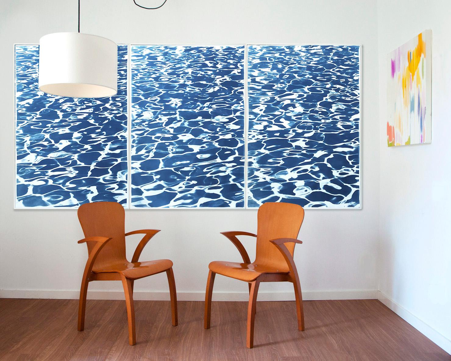 Pool Patterns, Nautical Abstract Seascape Triptych, Blue Cyanotype Print For Sale 1