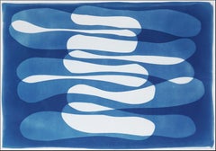 Spingi e tira, orizzontale in bianco e blu, cianotipia fatta a mano, arte minimalista