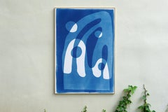 Lluvia sobre la montaña, arte moderno en tonos azules, paisaje, monotipo cianotipia 2024