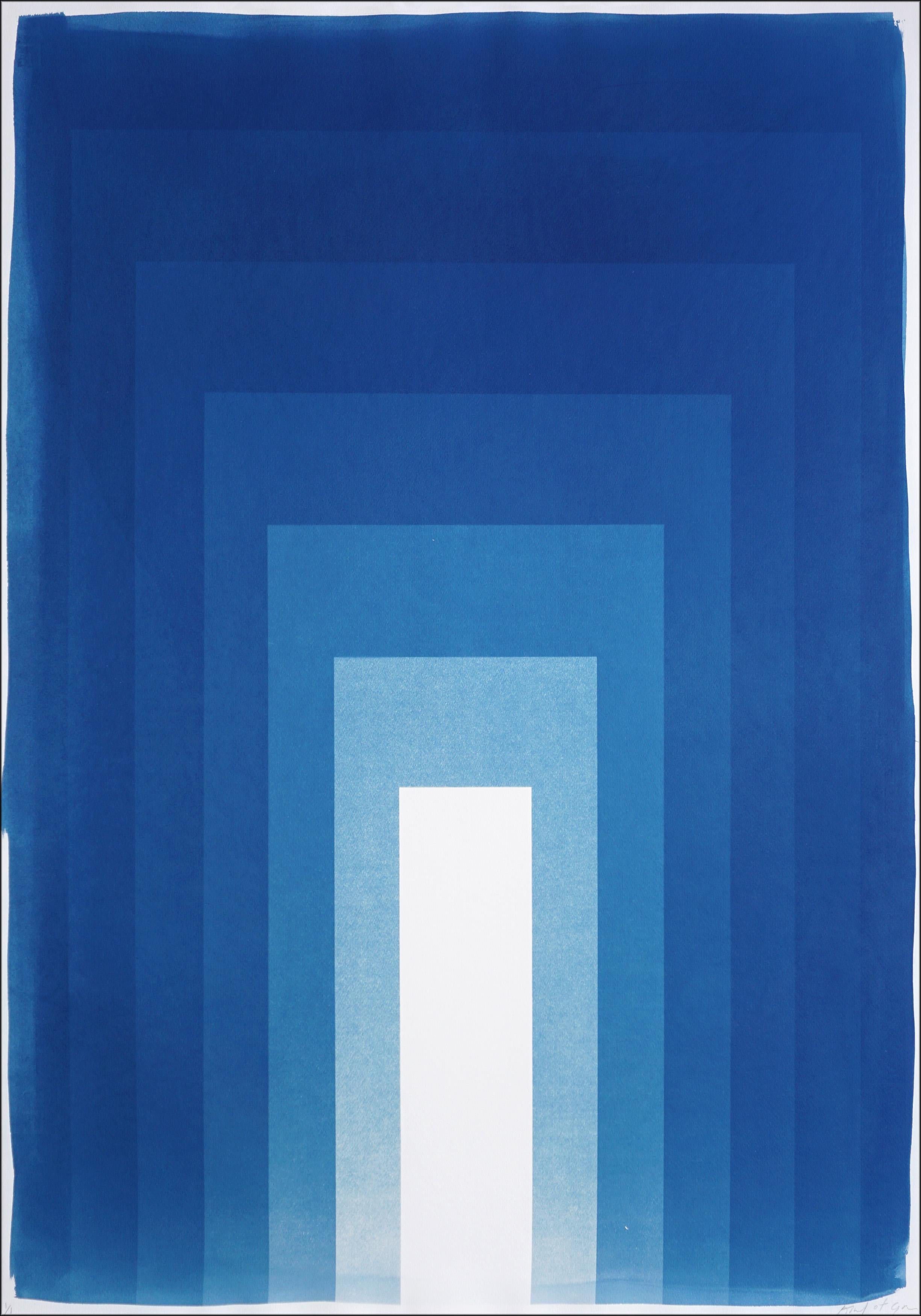 Kind of Cyan Abstract Print – Rechteckiges Portal, einzigartige Cyanotypie Abstrakt Geometrisch, Blau Minimalismus, Papier