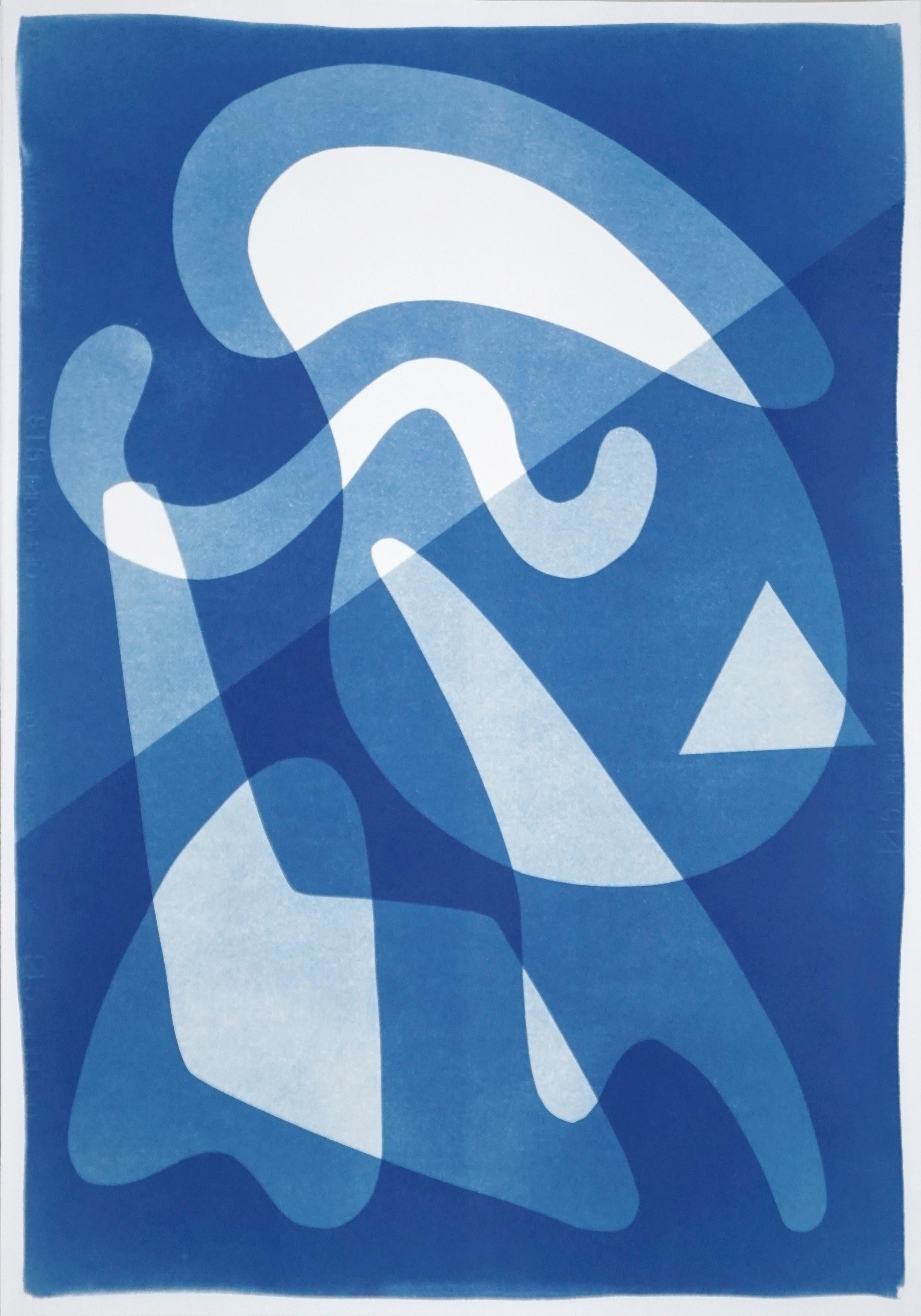 Retro Futuristic Shapes in Blue Tones, Extra Large Cyanotype Monotype, Smooth 