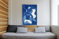 Retro Futuristic Shapes in White and Blue, Unique Monotype, Modern Vintage Style