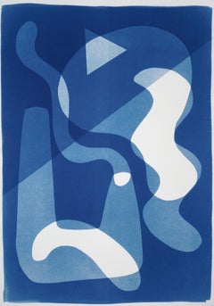 Retro Futuristic Shapes in White and Blue, Unique Monotype, Modern Vintage Style