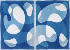 Superposiciones Retro, Díptico Cianotipo Grande, Abstracto Moderno, Formas Azules Flotantes