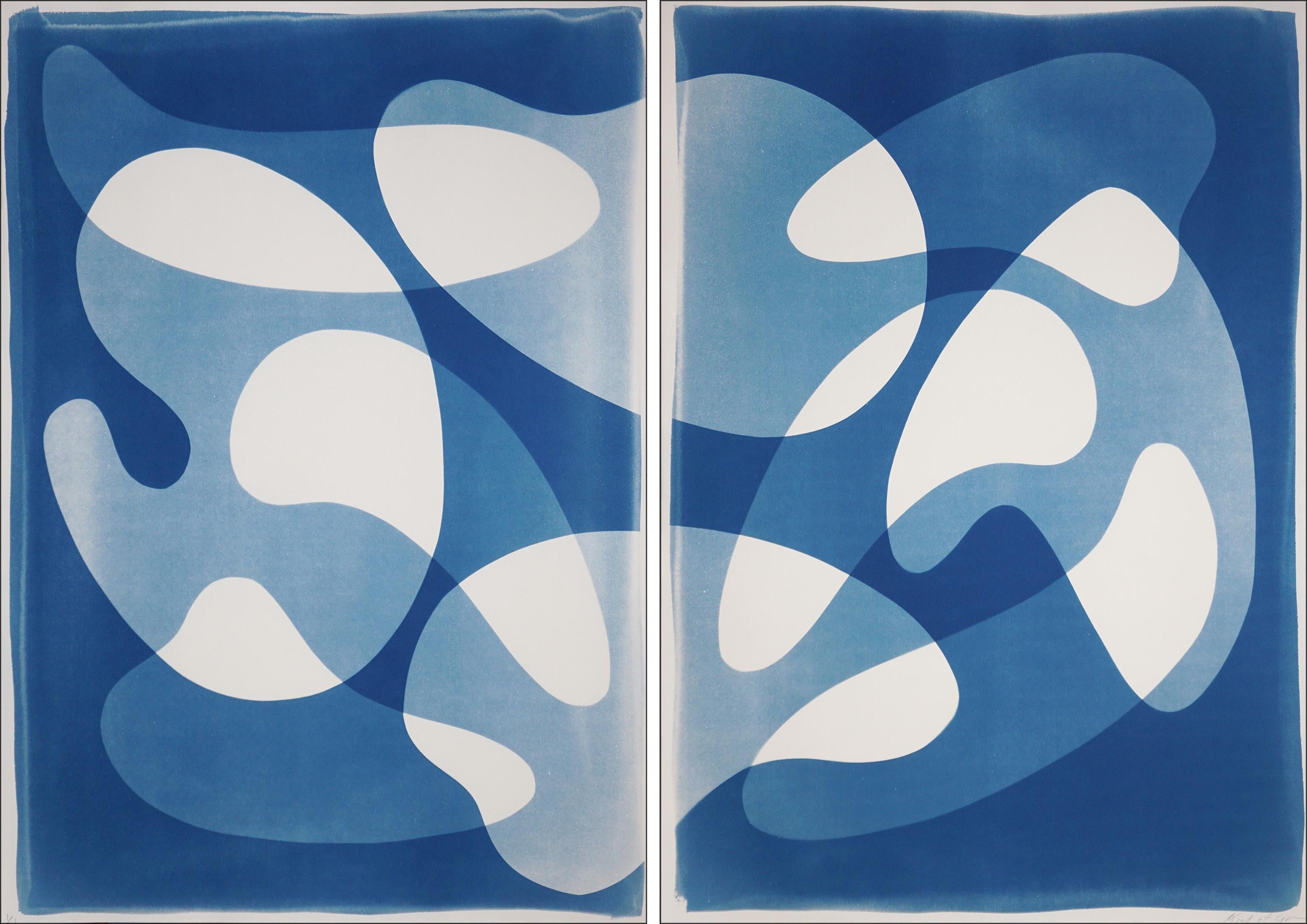 Retro Overlaps, Large Cyanotype Diptych, Abstract Modern, Floating Blue Forms
