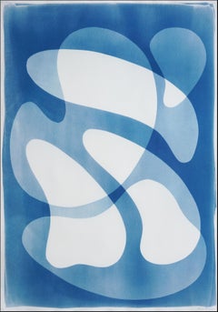 Rotating Mobile, Handmade Unique Monotype Cyanotype Diptych in Blue and White