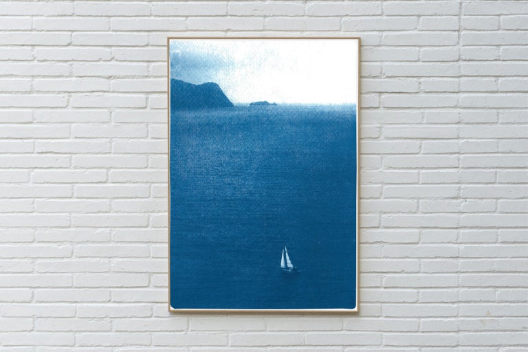 Sailboat Journey, Nautical Cyanotype Print on Watercolor Paper, Indigo Seascape - Blue Landscape Print by Kind of Cyan