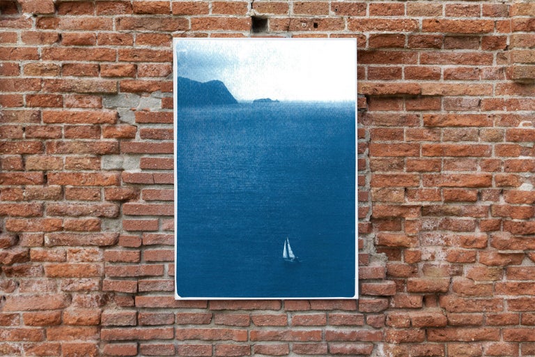 Sailboat Journey, Nautical Cyanotype Print on Watercolor Paper, Indigo Seascape For Sale 4