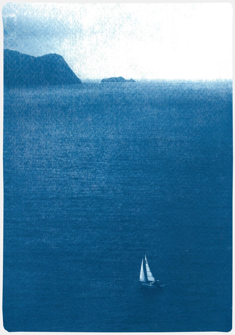 Kind of Cyan Landscape Print - Sailboat Journey, Nautical Cyanotype Print on Watercolor Paper, Indigo Seascape