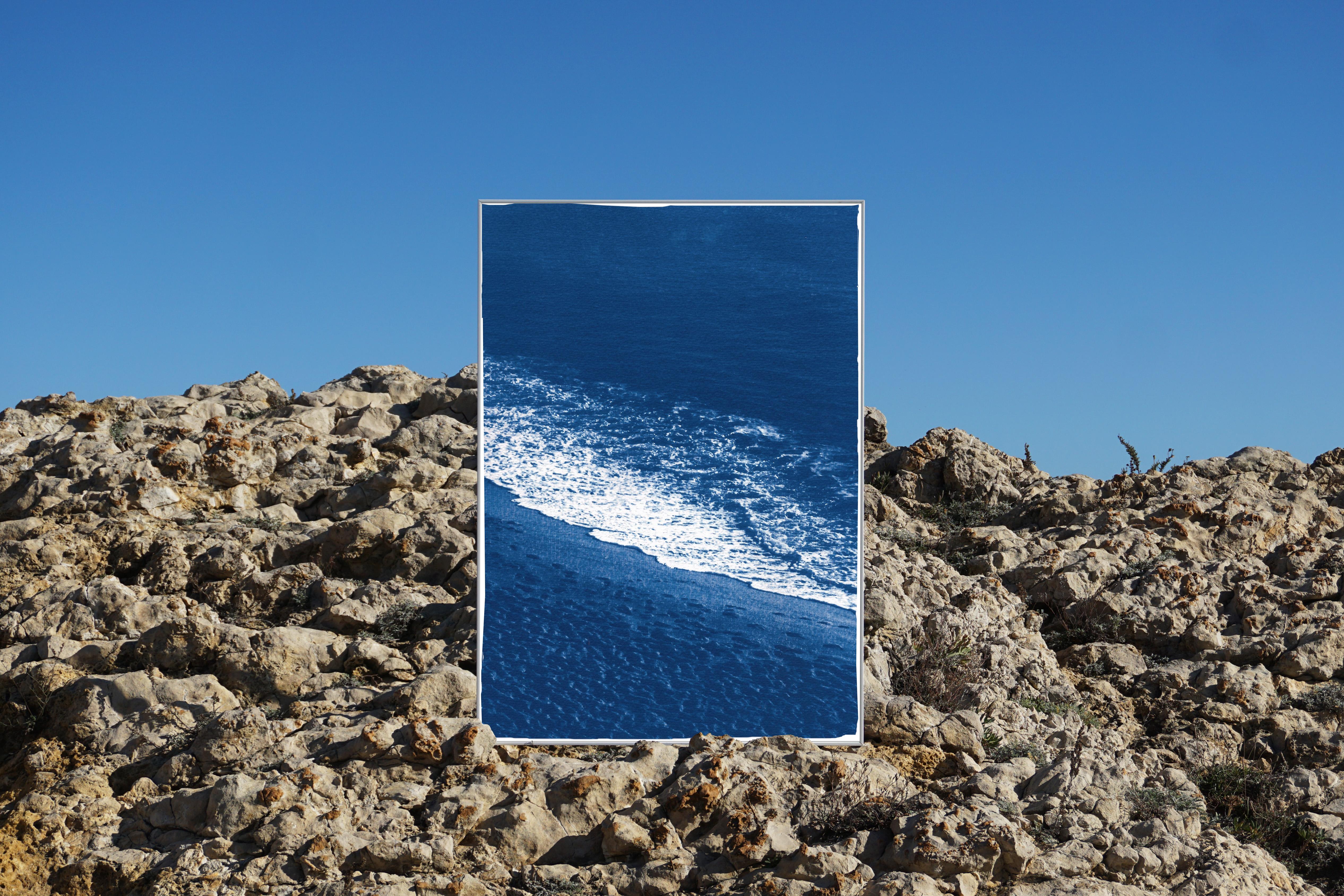 Sandy Shore with Foam, Nautical Cyanotype Print on Watercolor Paper, Beach Coast - Art by Kind of Cyan