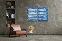 Mani che si stringono, monocromia blu, processo basato su dittico minimalista, cianotipia