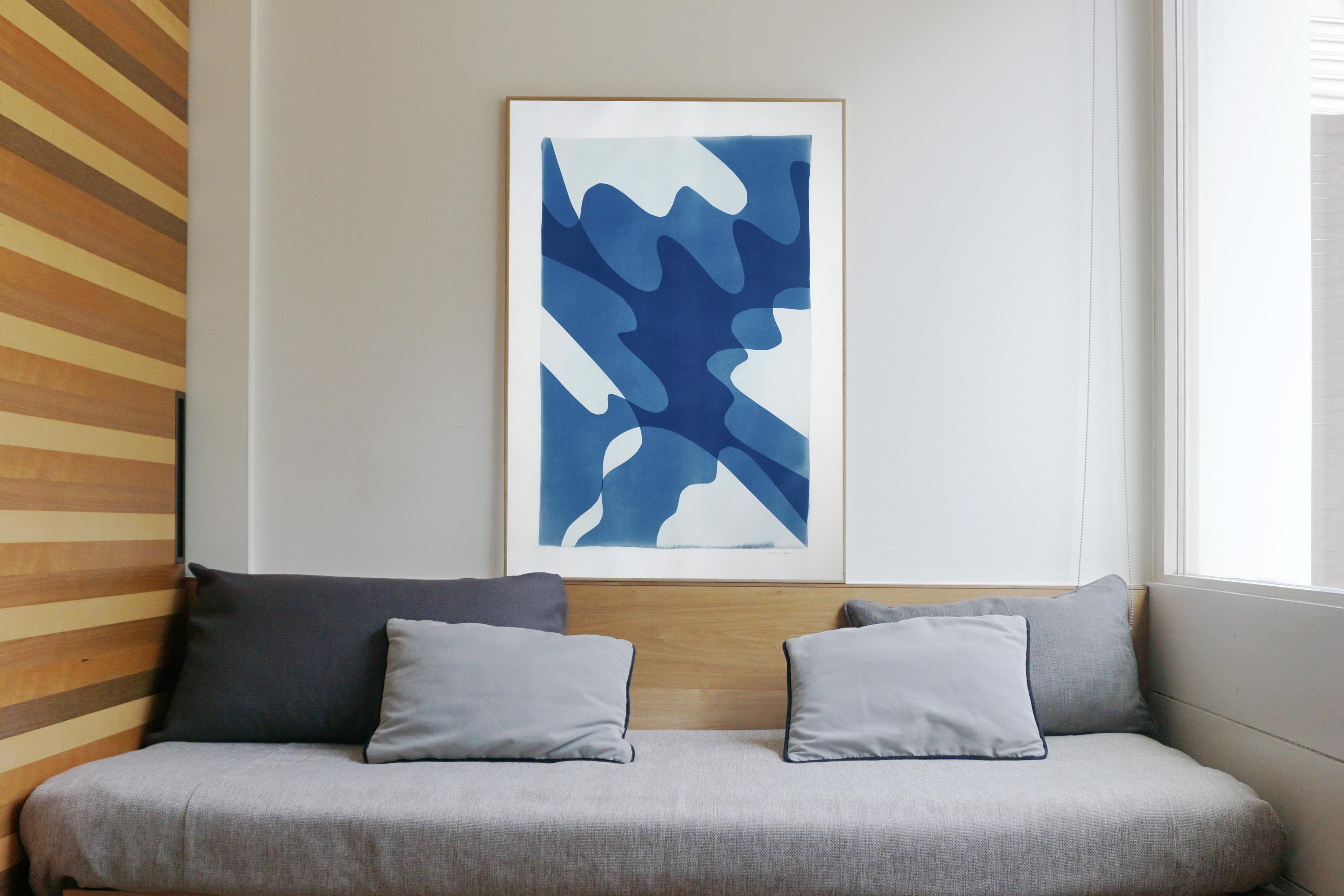 Shaky Shadows, Handmade Monotype of Minimal Abstract Shapes and Layers in Blue - Minimalist Print by Kind of Cyan