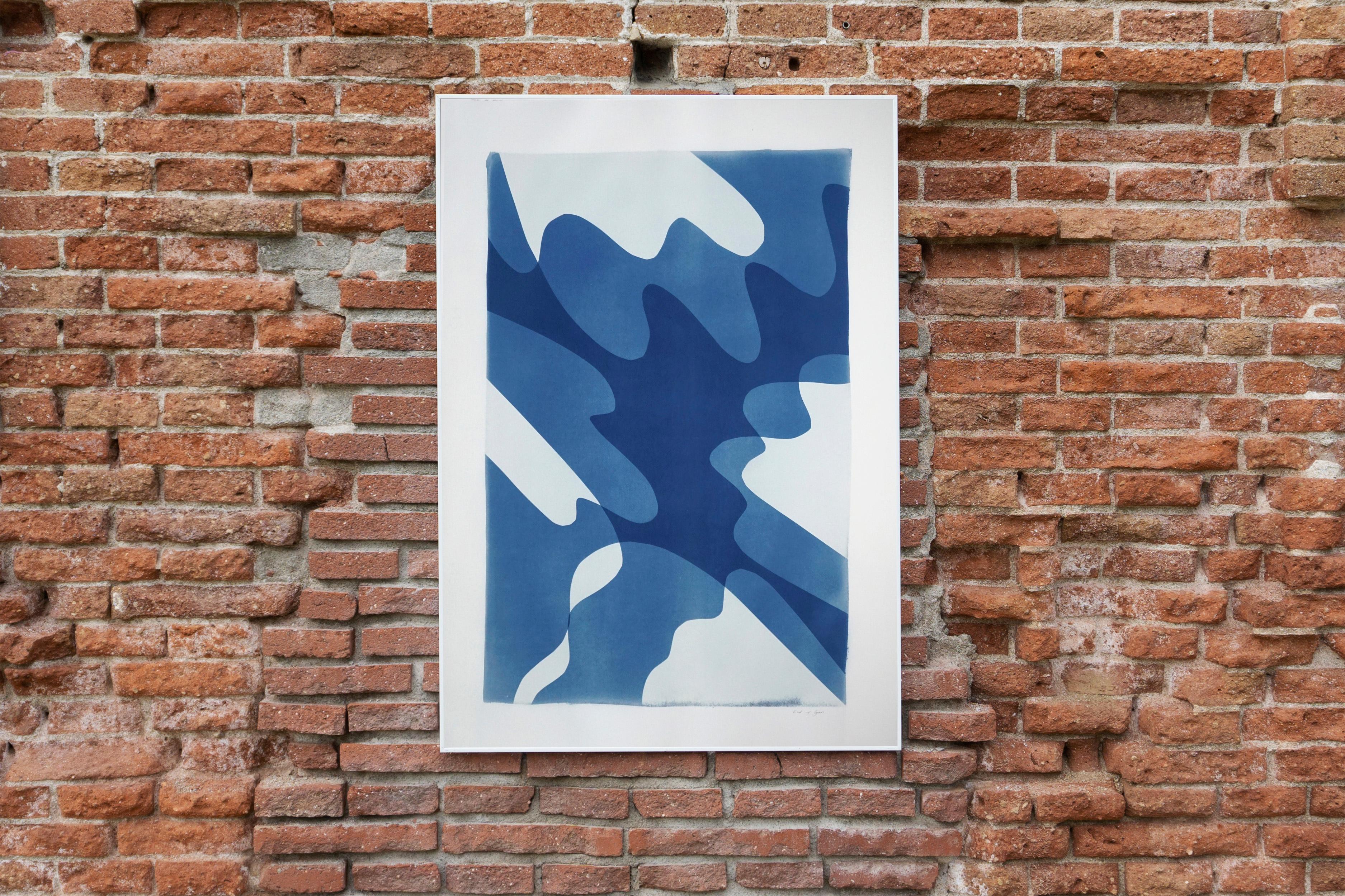 Shaky Shadows, Handmade Monotype of Minimal Abstract Shapes and Layers in Blue - Gray Abstract Print by Kind of Cyan