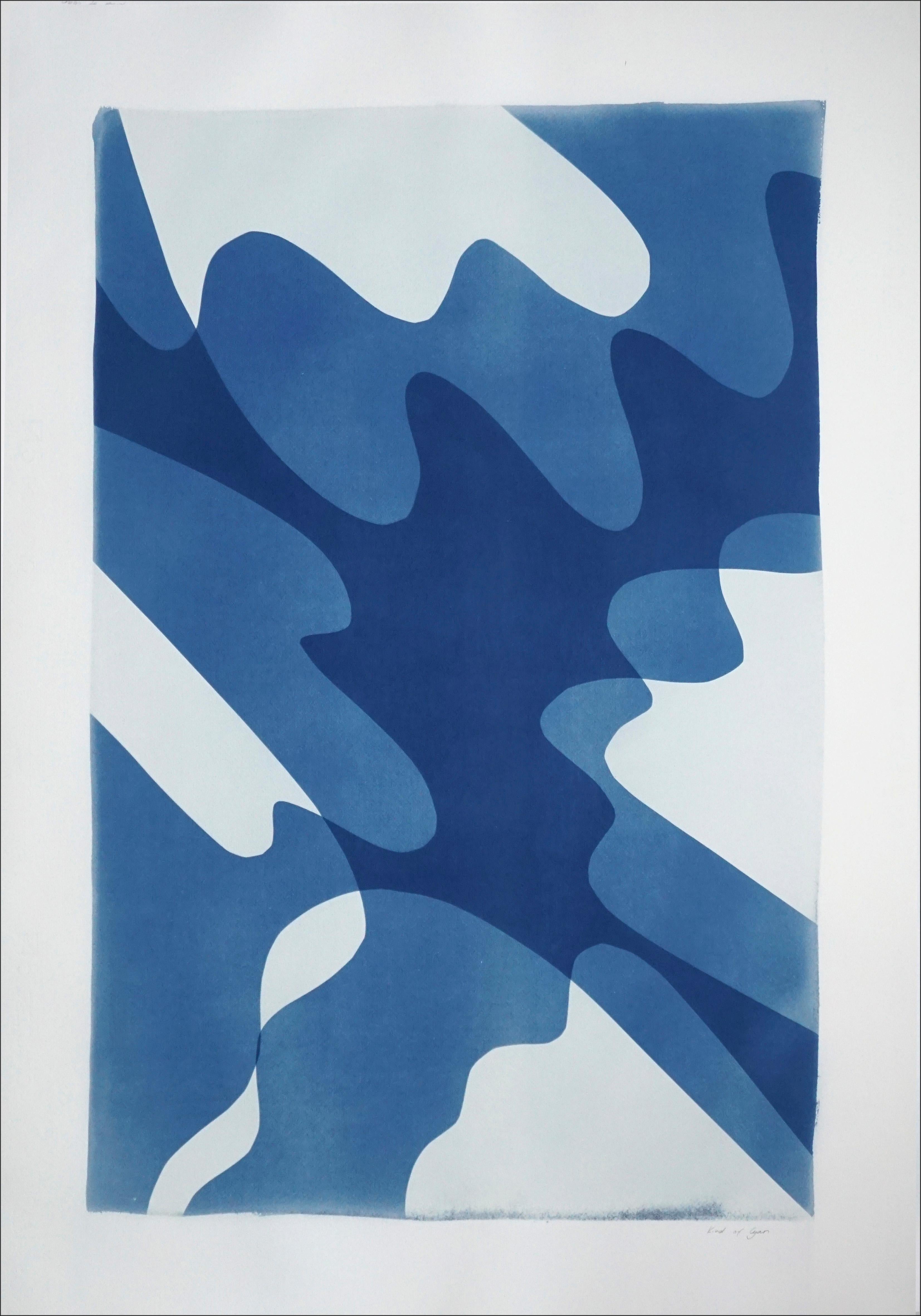 Kind of Cyan Abstract Print - Shaky Shadows, Handmade Monotype of Minimal Abstract Shapes and Layers in Blue
