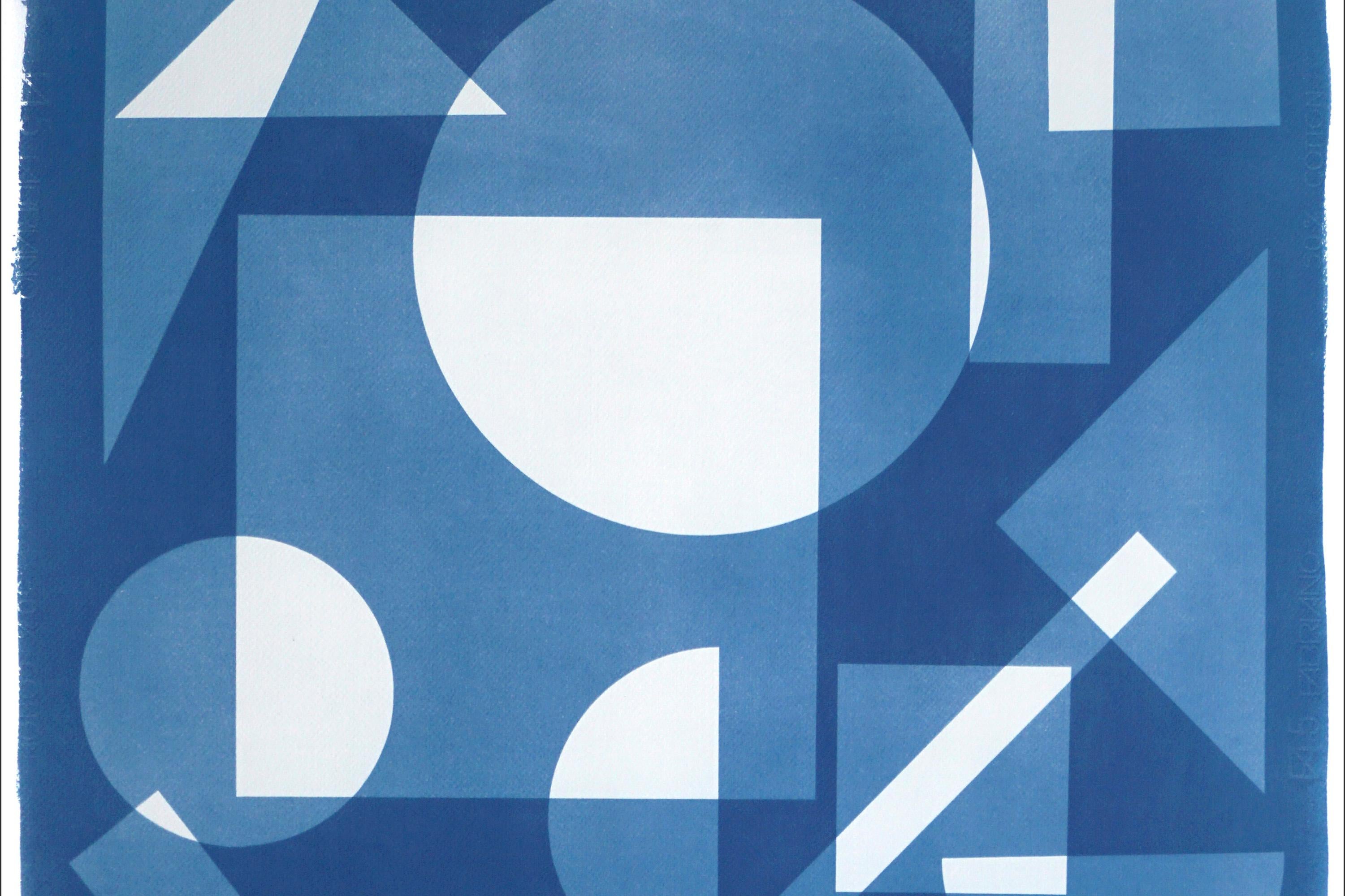 Simple Shapes Floating in Space, White and Blue Geometry Constructivist Monotype For Sale 1